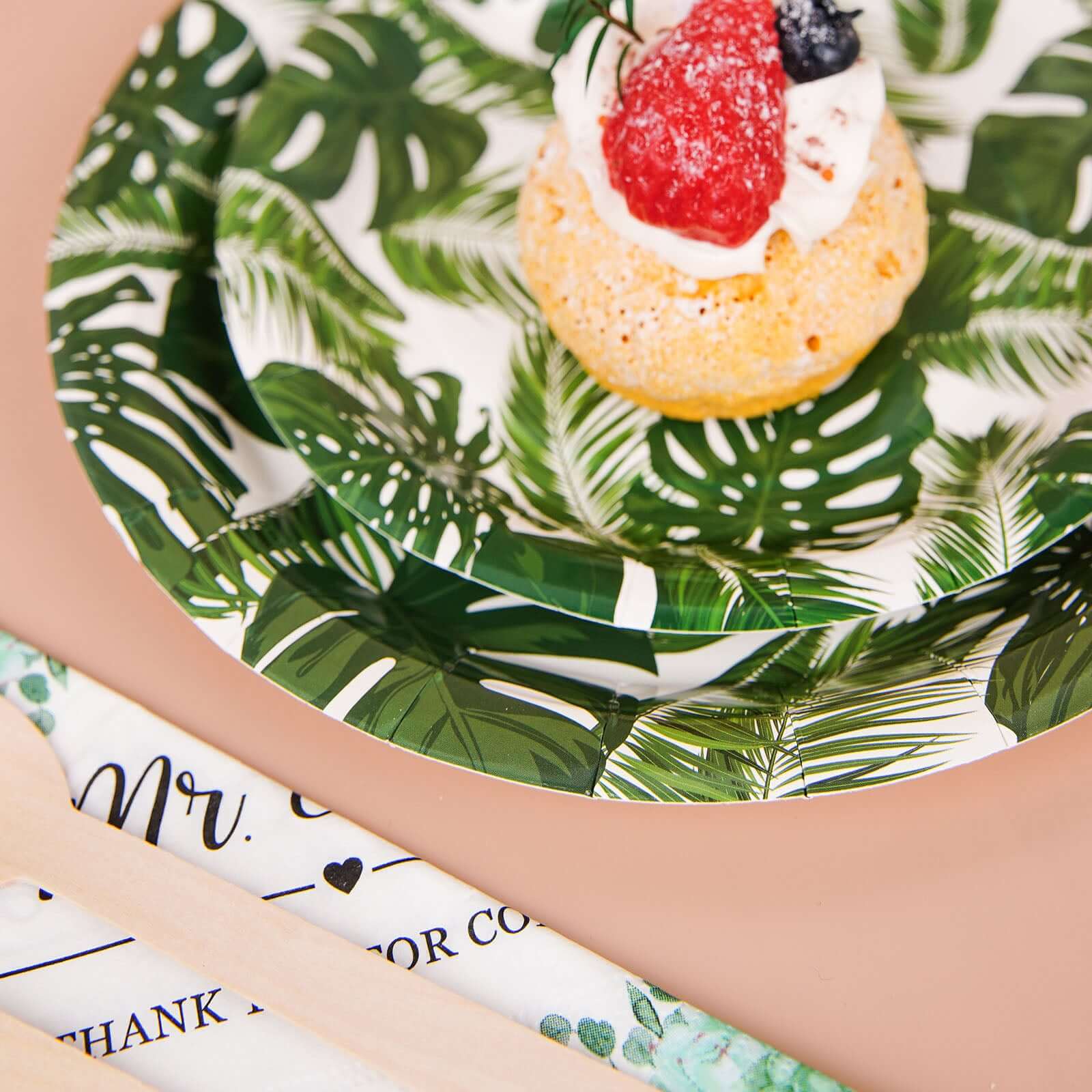 25-Pack Disposable 7-Inch White Paper Dessert Plates with Tropical Palm Leaf Design for Boho & Jungle Themed Parties
