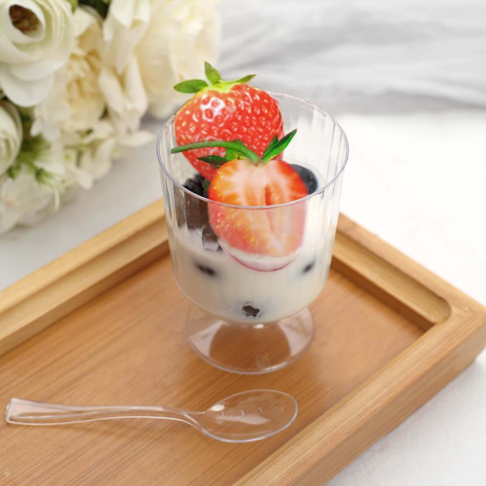 24-Pack Disposable 5oz Clear Plastic Dessert Cups with Ribbed Design and Pedestals, Spoon Set for Events
