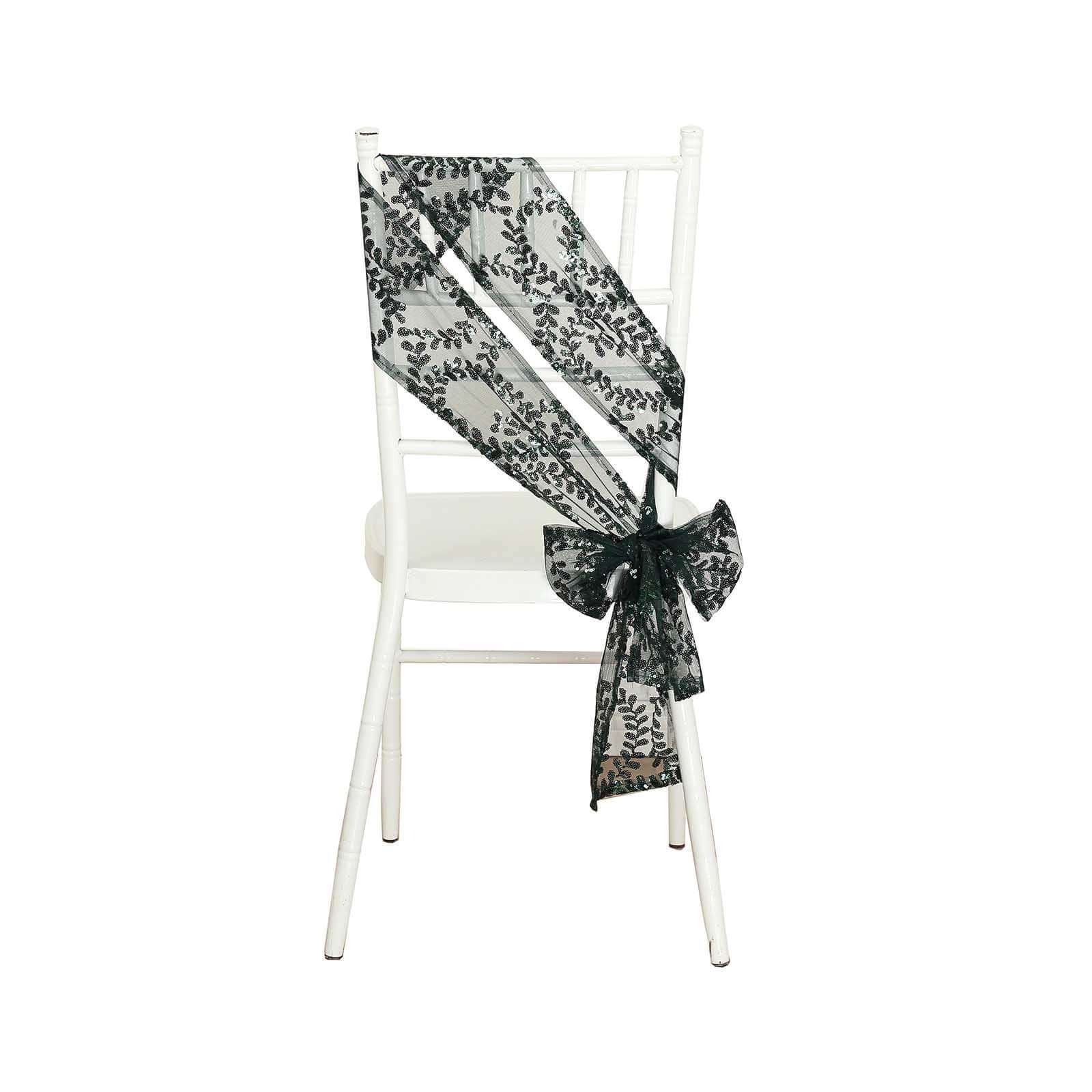 Hot Deal! 5-Pack Hunter Emerald Green Tulle Chair Sashes with Leaf Vine Sequins, 6x88