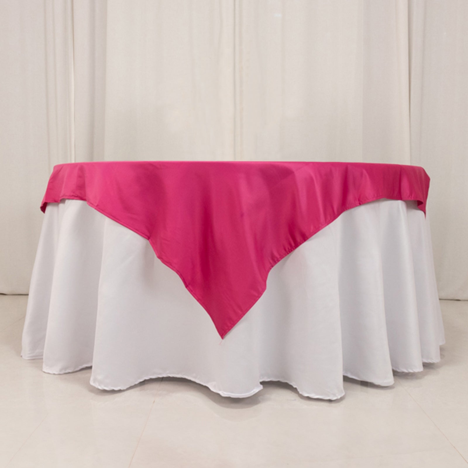 Fuchsia 54x54 Lamour Satin Square Table Overlay - Durable Silk-Like Table Cover