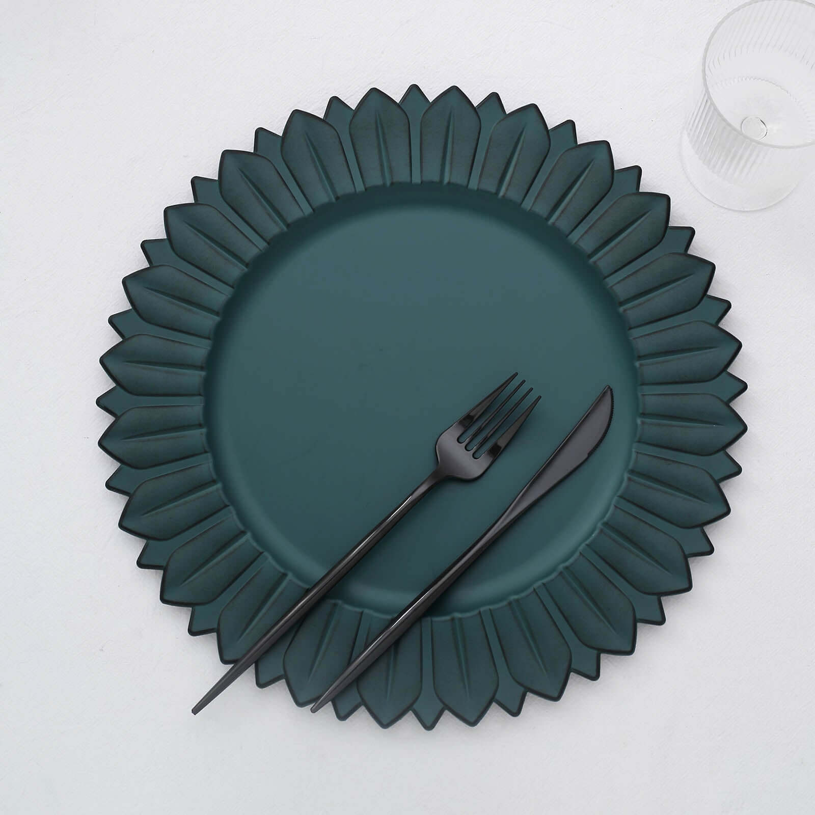 6-Piece Set of 13-Inch Matte Teal Plastic Round Charger Plates with Sunflower Rim