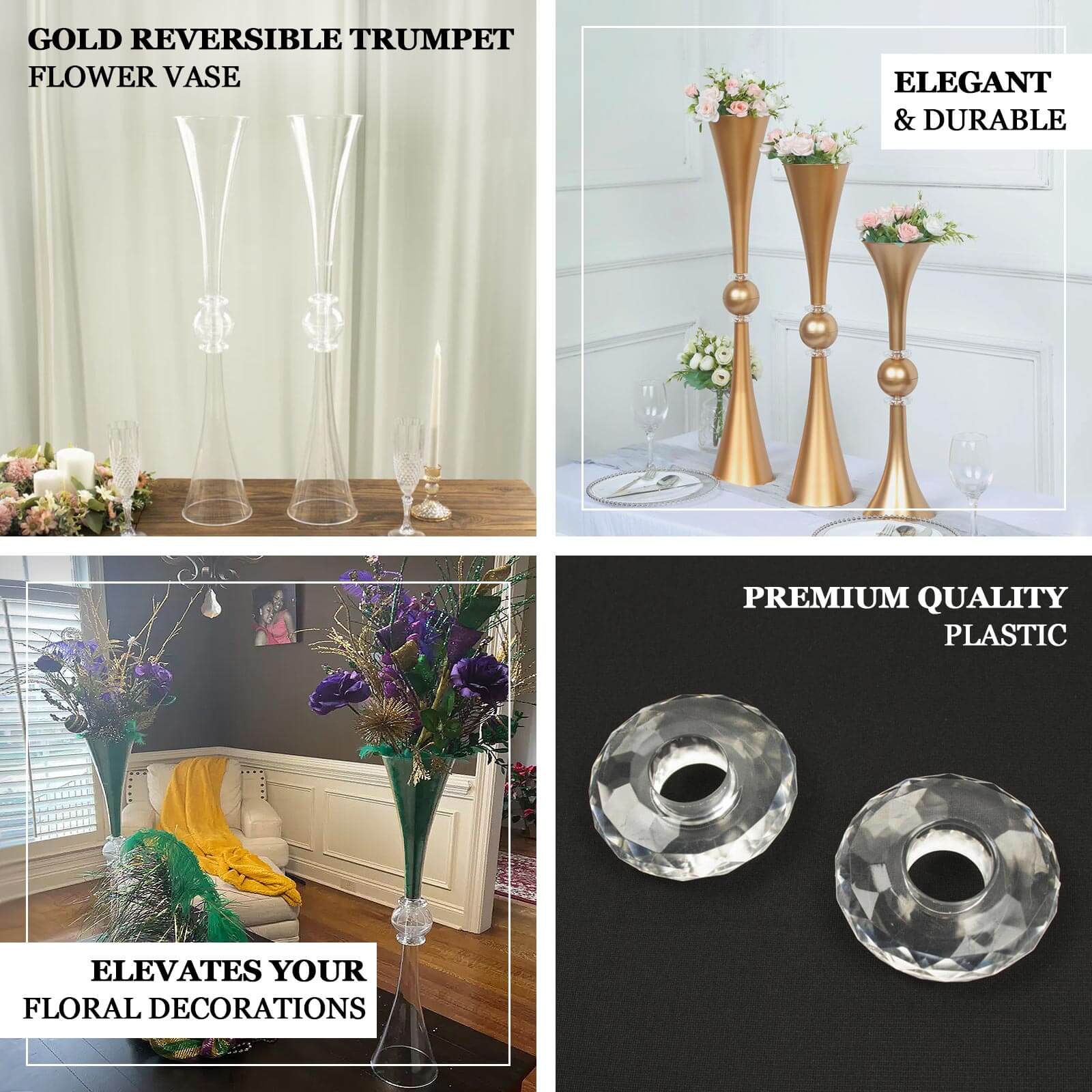 Hot Deal! 2-Pack Reversible Plastic Trumpet Flower Vases with Crystal Embellishments in Clear and Gold for Events