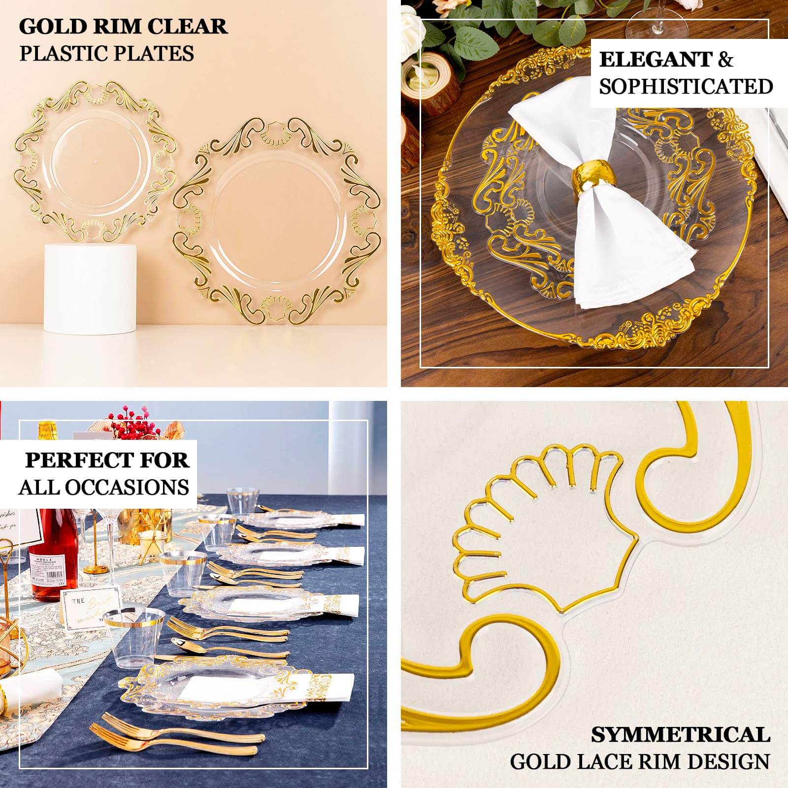 10-Pack Clear Plastic Round Dinner Plates with Gold Vintage Baroque Scalloped Rim - Ideal for Parties