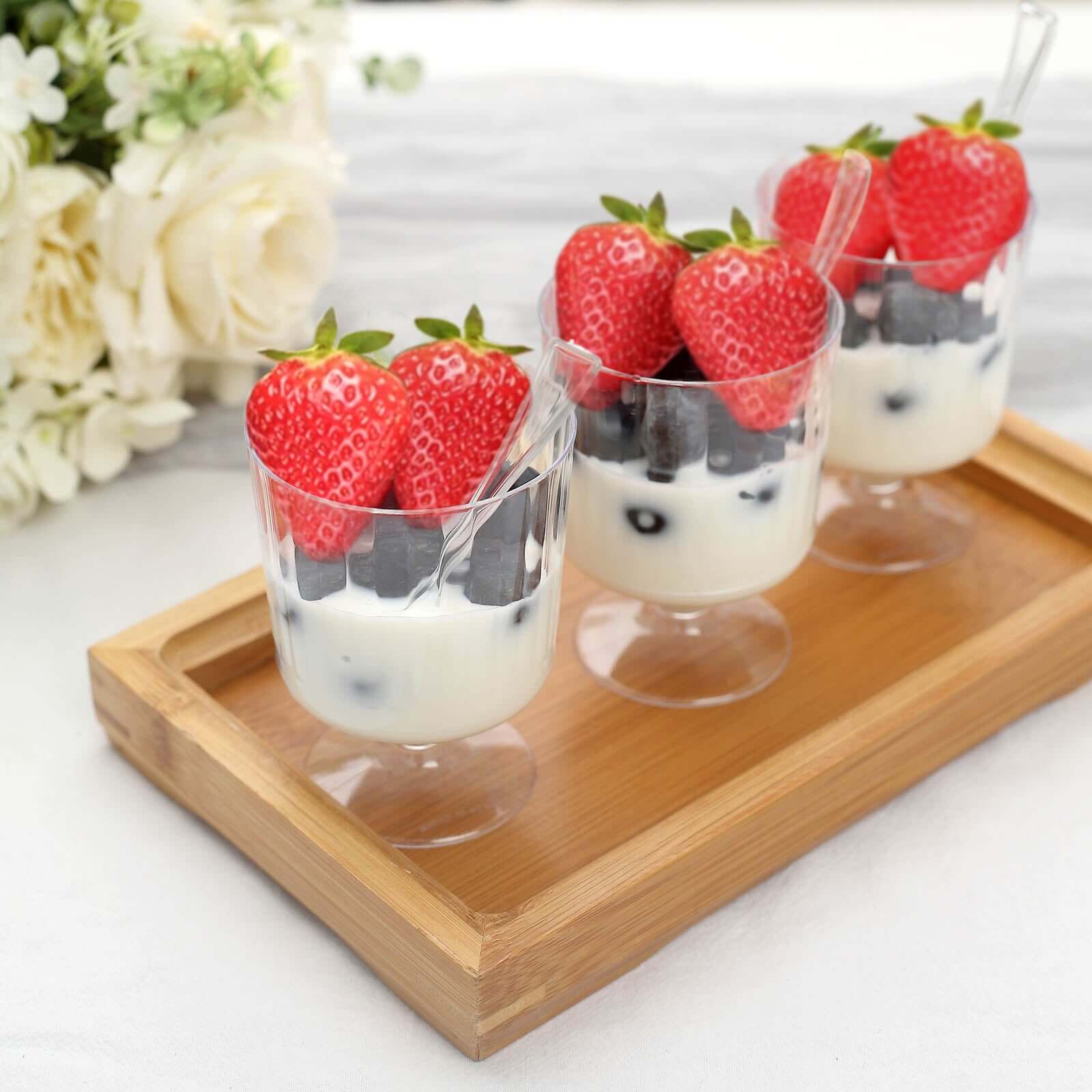 24-Pack Disposable 5oz Clear Plastic Dessert Cups with Ribbed Design and Pedestals, Spoon Set for Events
