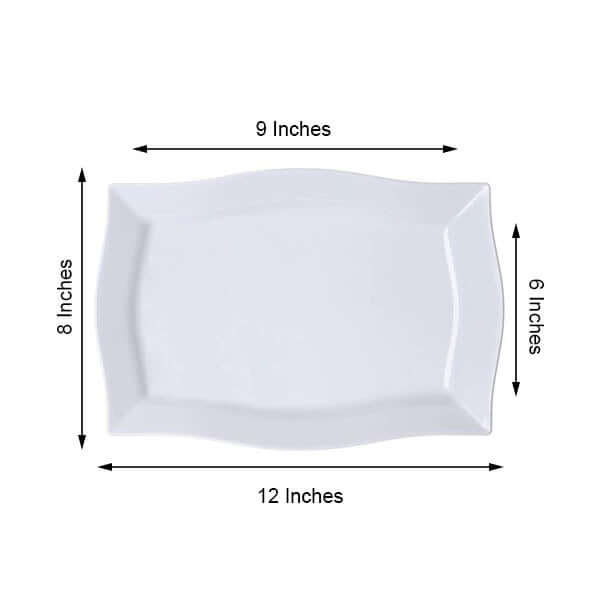 10-Pack Glossy White Plastic Disposable 12" Rectangular Serving Plates with Wave Trimmed Rim
