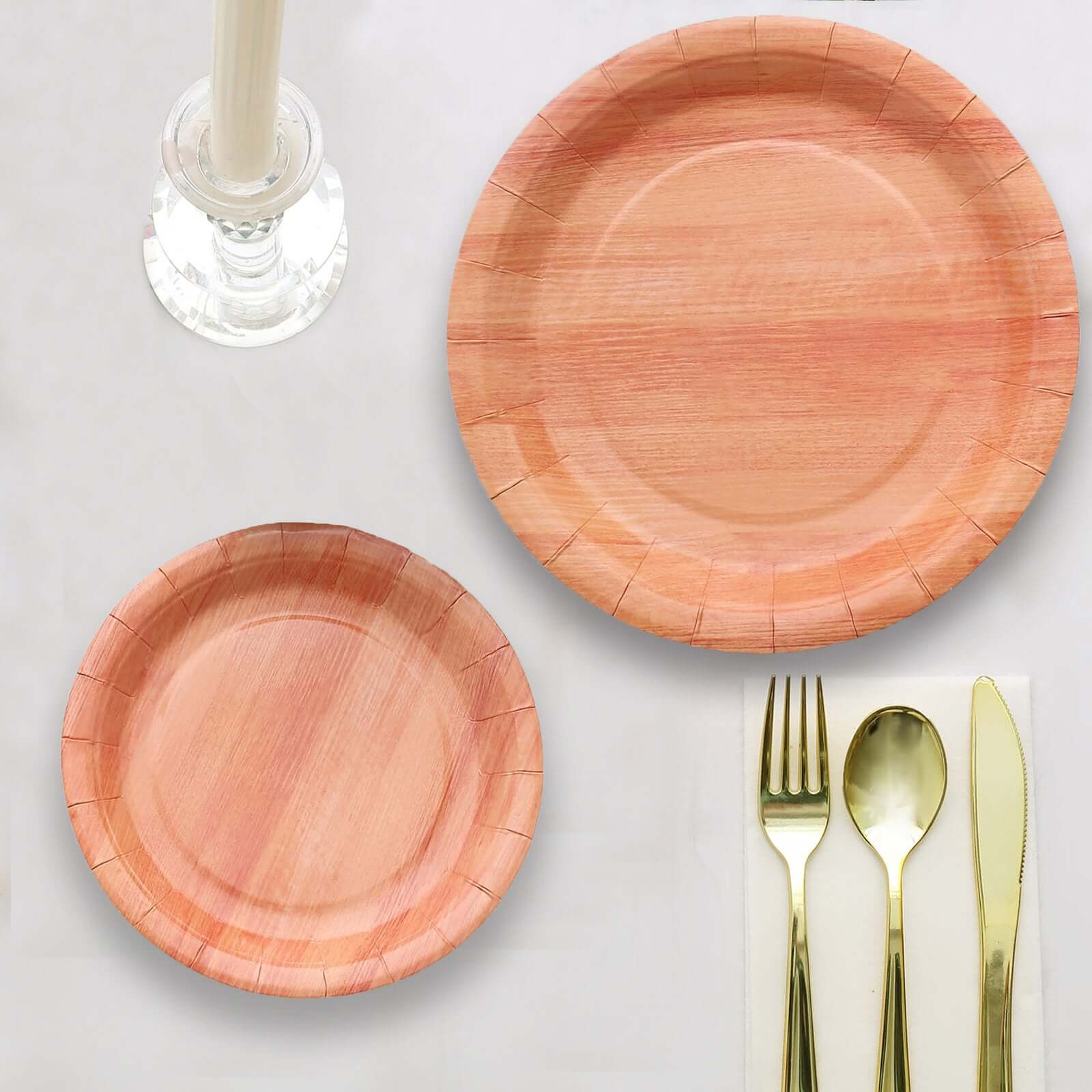 25-Pack Disposable 10-Inch Round Paper Dinner Plates with Natural Wood Grain Print
