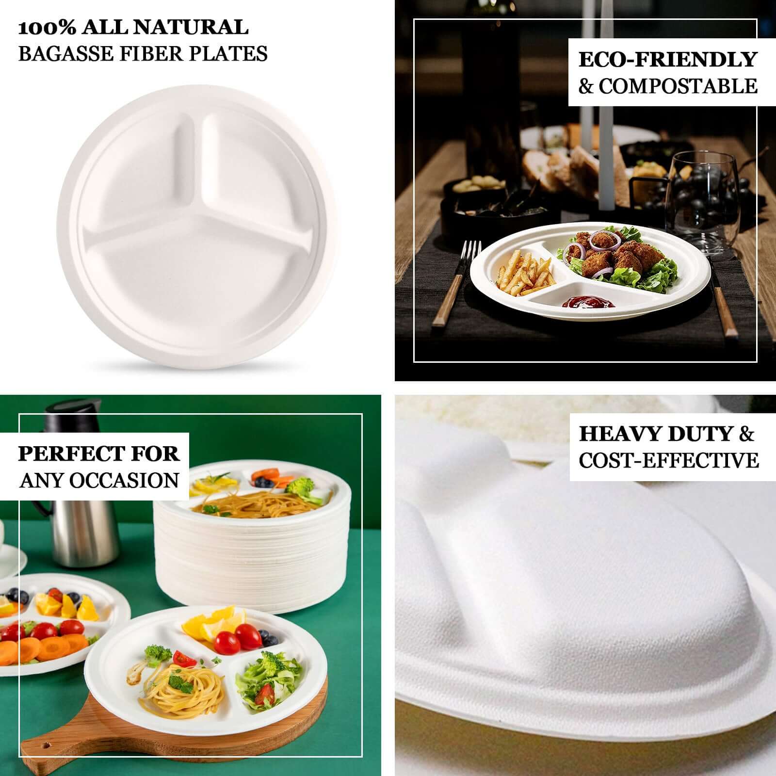 Eco-Friendly 50-Pack White Round 10-Inch 3-Compartment Dinner Plates from Bagasse - Ideal for Events & Catering