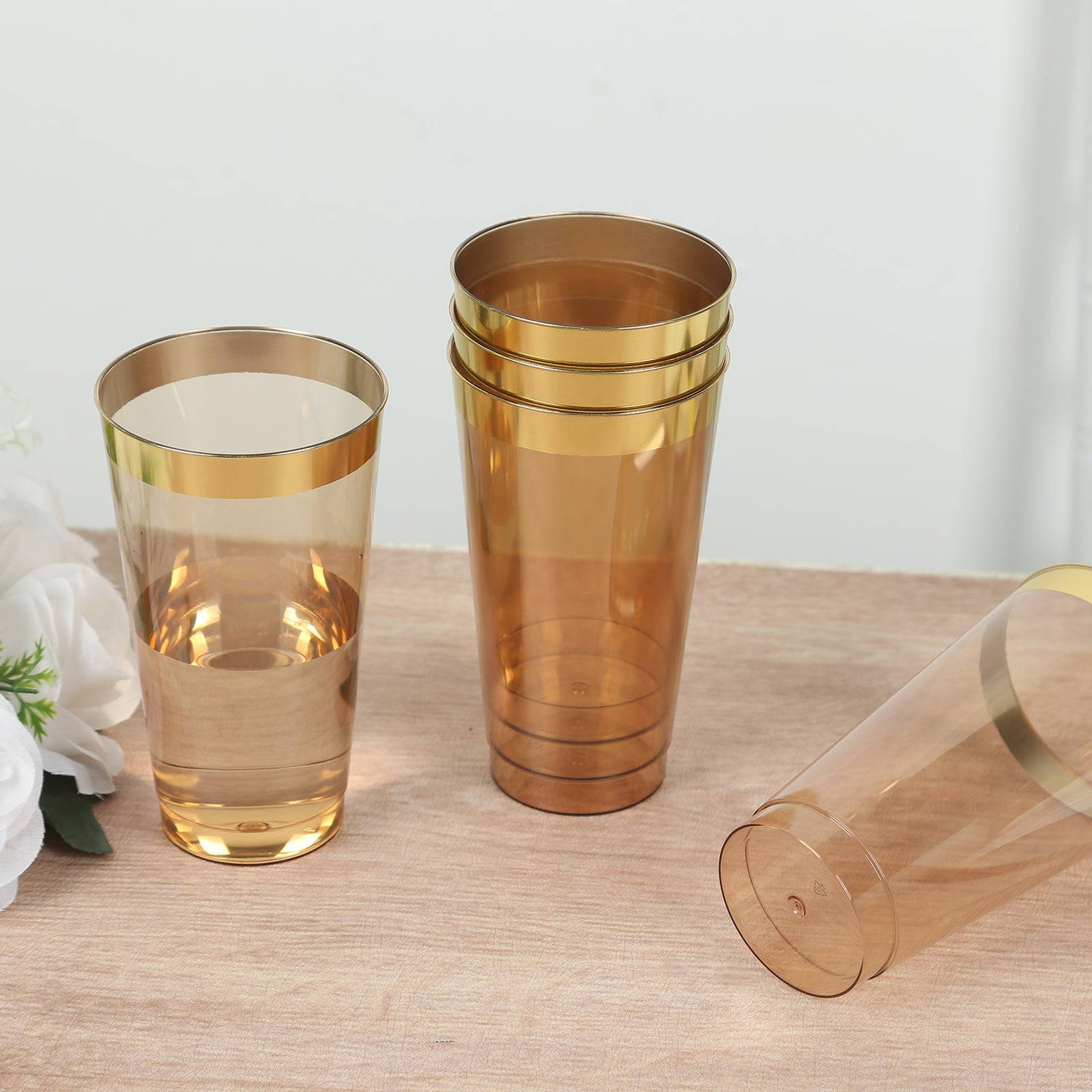 12-Pack 17oz Durable Disposable Plastic Party Cups - Transparent Amber Gold with Gold Rim