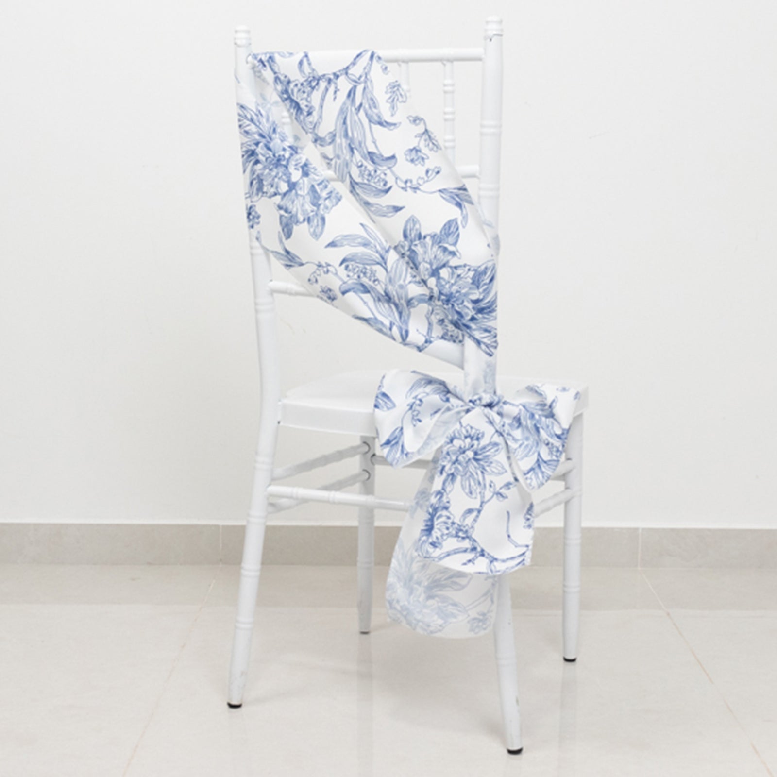 Wrinkle-Resistant Polyester Chair Sashes in White/Blue French Toile Floral Design for Weddings & Banquets