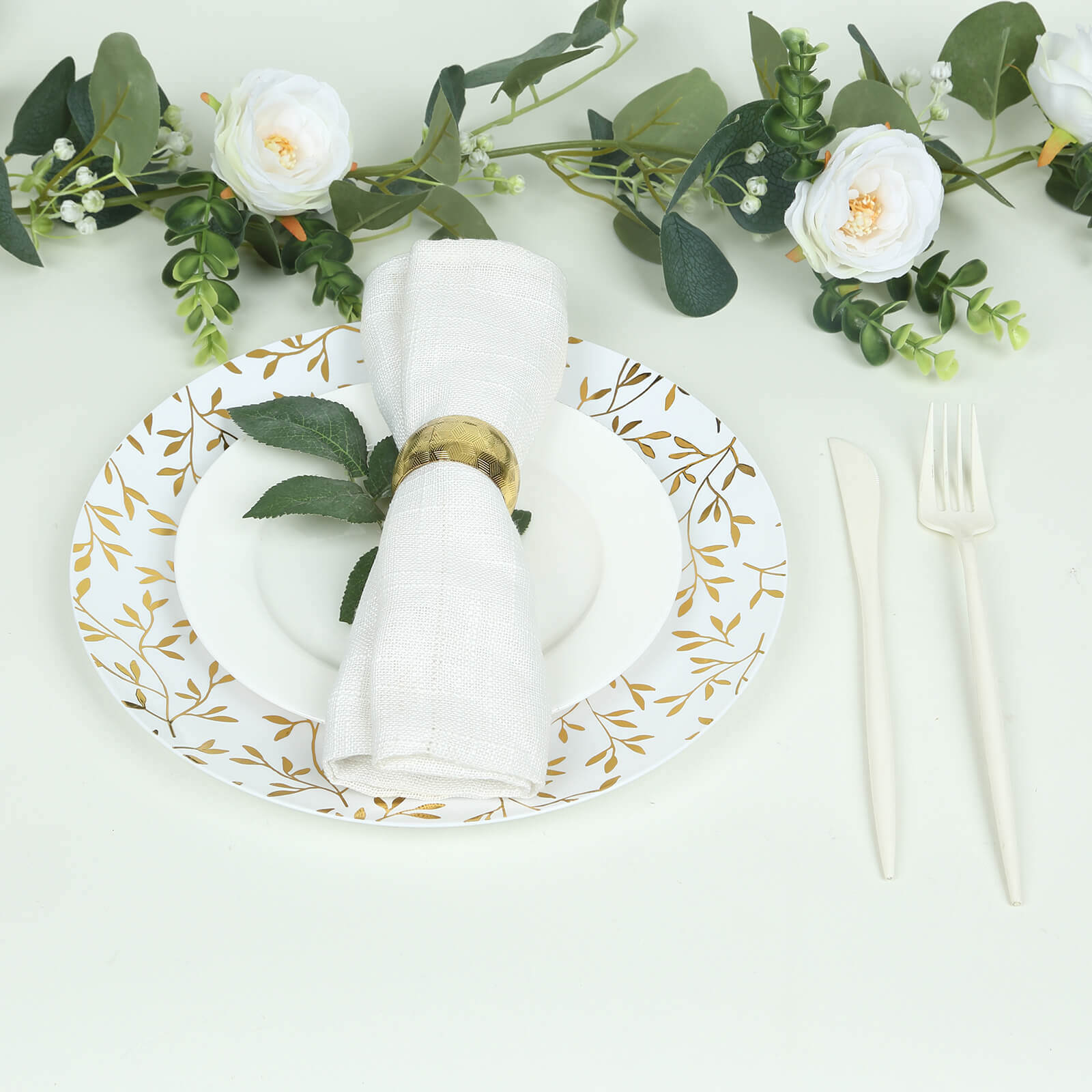 10-Pack Heavy Duty Disposable White Plastic Dinner Plates with Gold Leaf Design - Ideal for Stylish Events