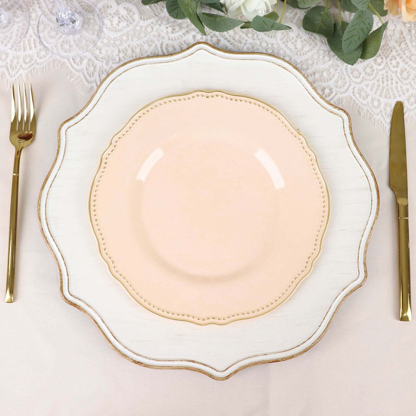 Hot Deal! 10-Pack Disposable Nude Plastic Dinner Plates with Gold Scalloped Rim, 9 Inches