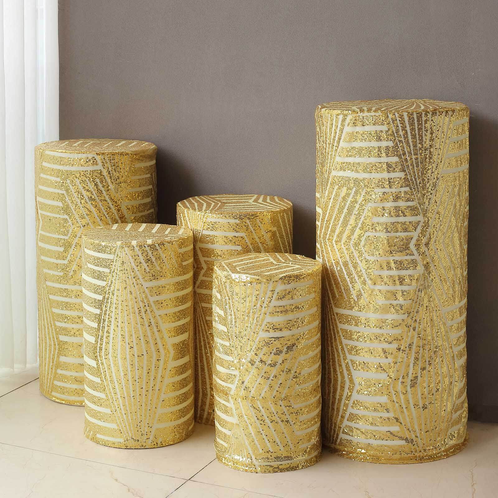 Sparkling Gold Sequin Mesh Geometric Pattern Cylinder Pedestal Stand Covers - Set of 5