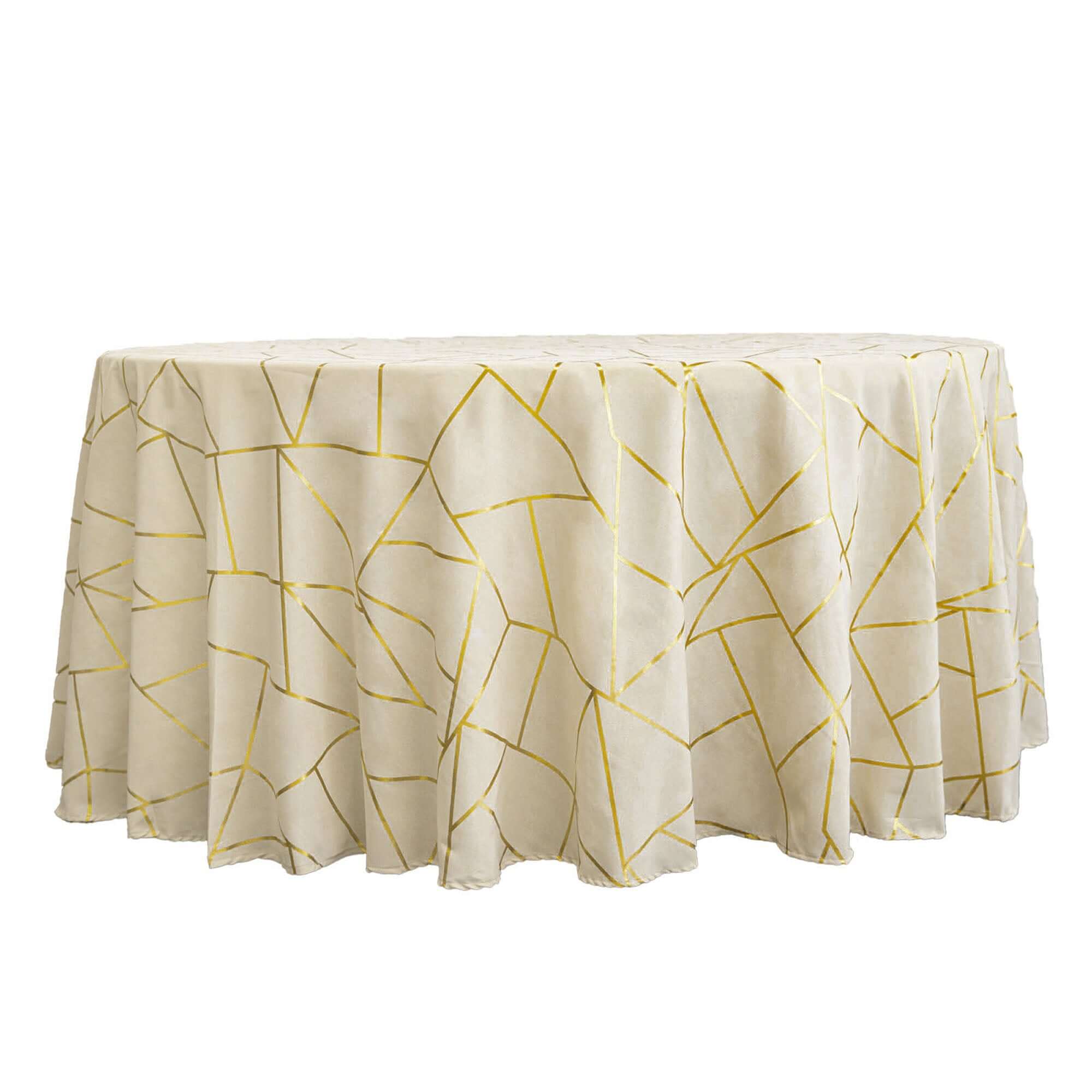 Exclusive Beige Polyester 120 Round Tablecloth with Gold Foil Geometric Pattern - Wrinkle-Resistant
