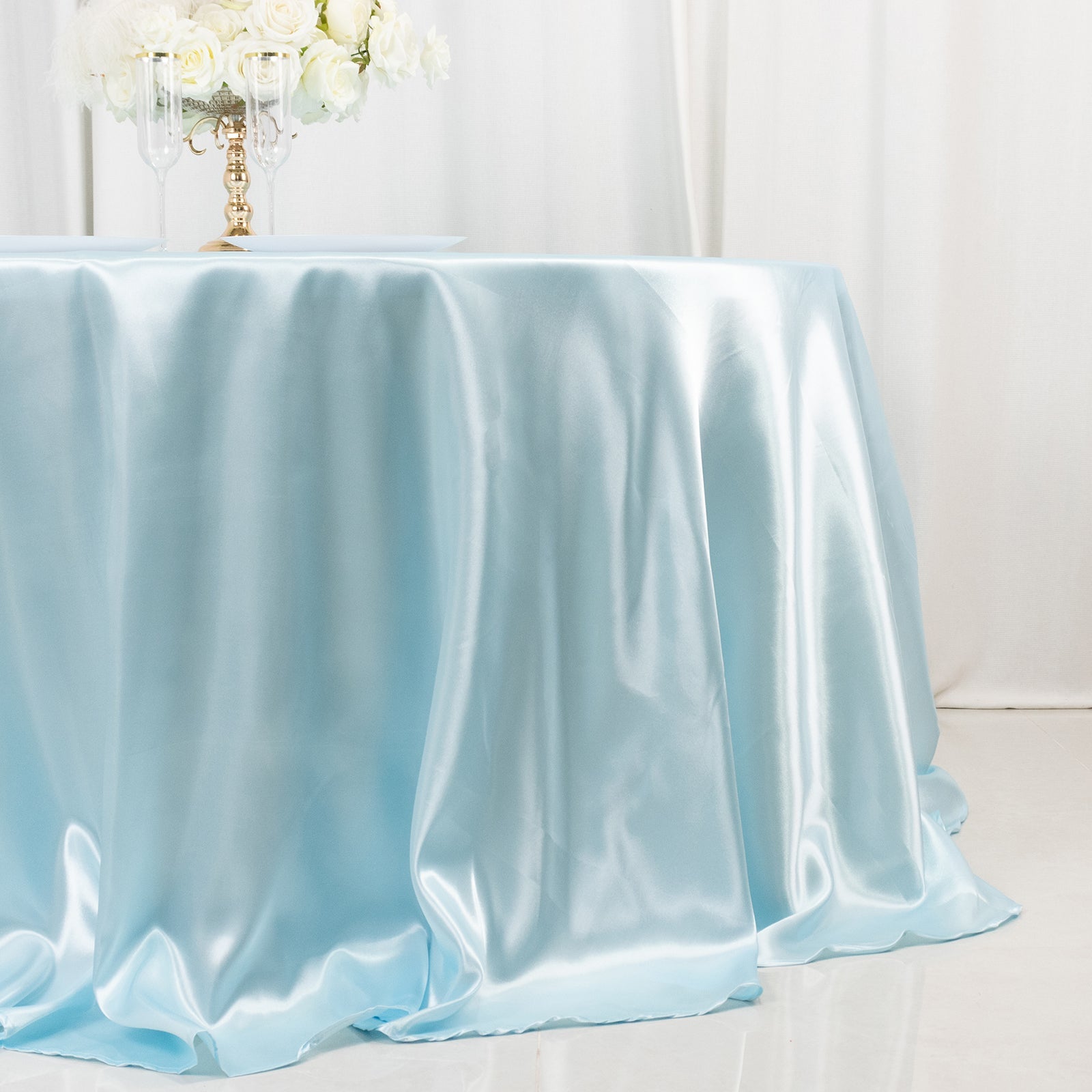 Light Blue Satin 132-Inch Round Seamless Stylish Tablecloth