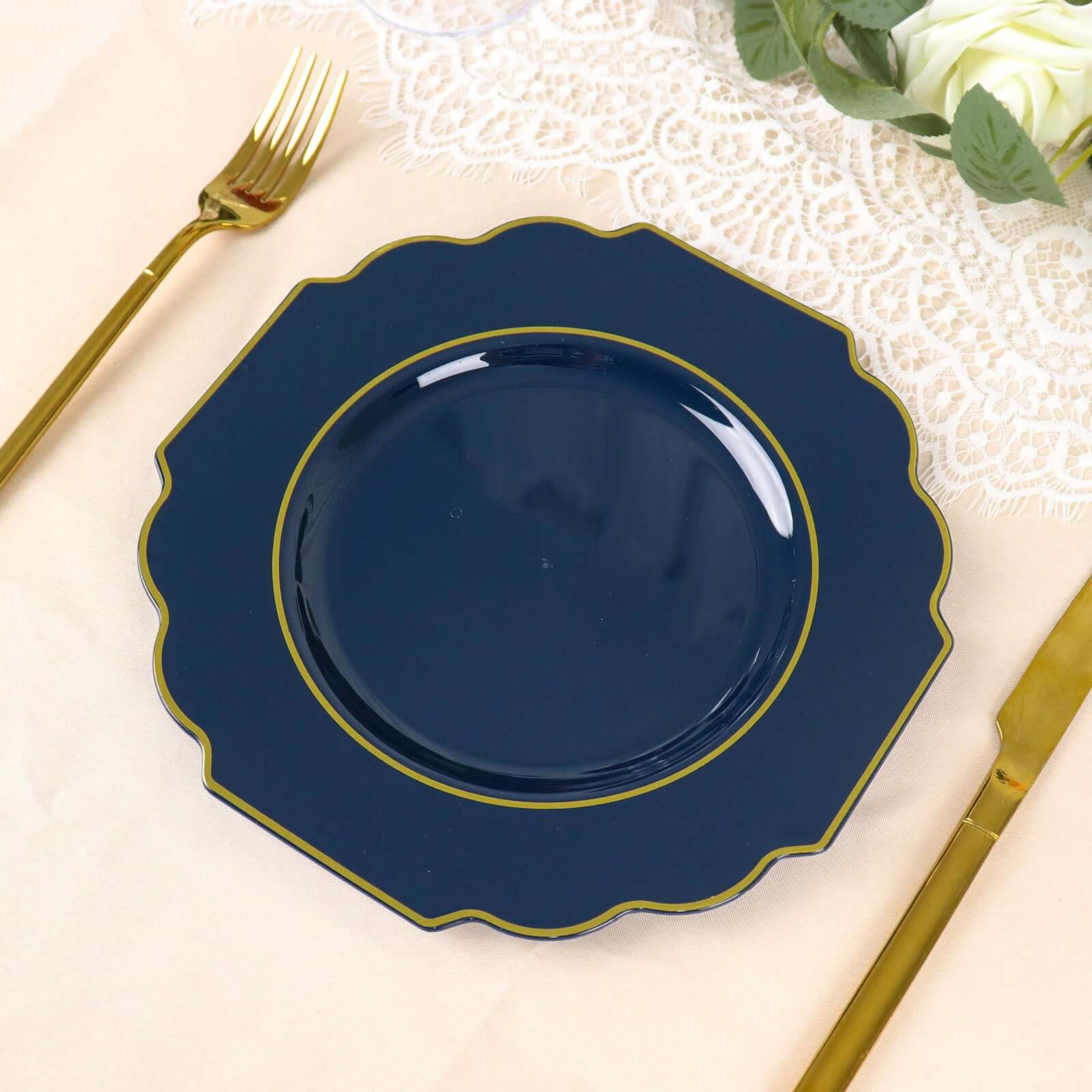 Hot Deal! 10-Pack 8" Navy Blue Disposable Baroque Salad Plates with Gold Rim