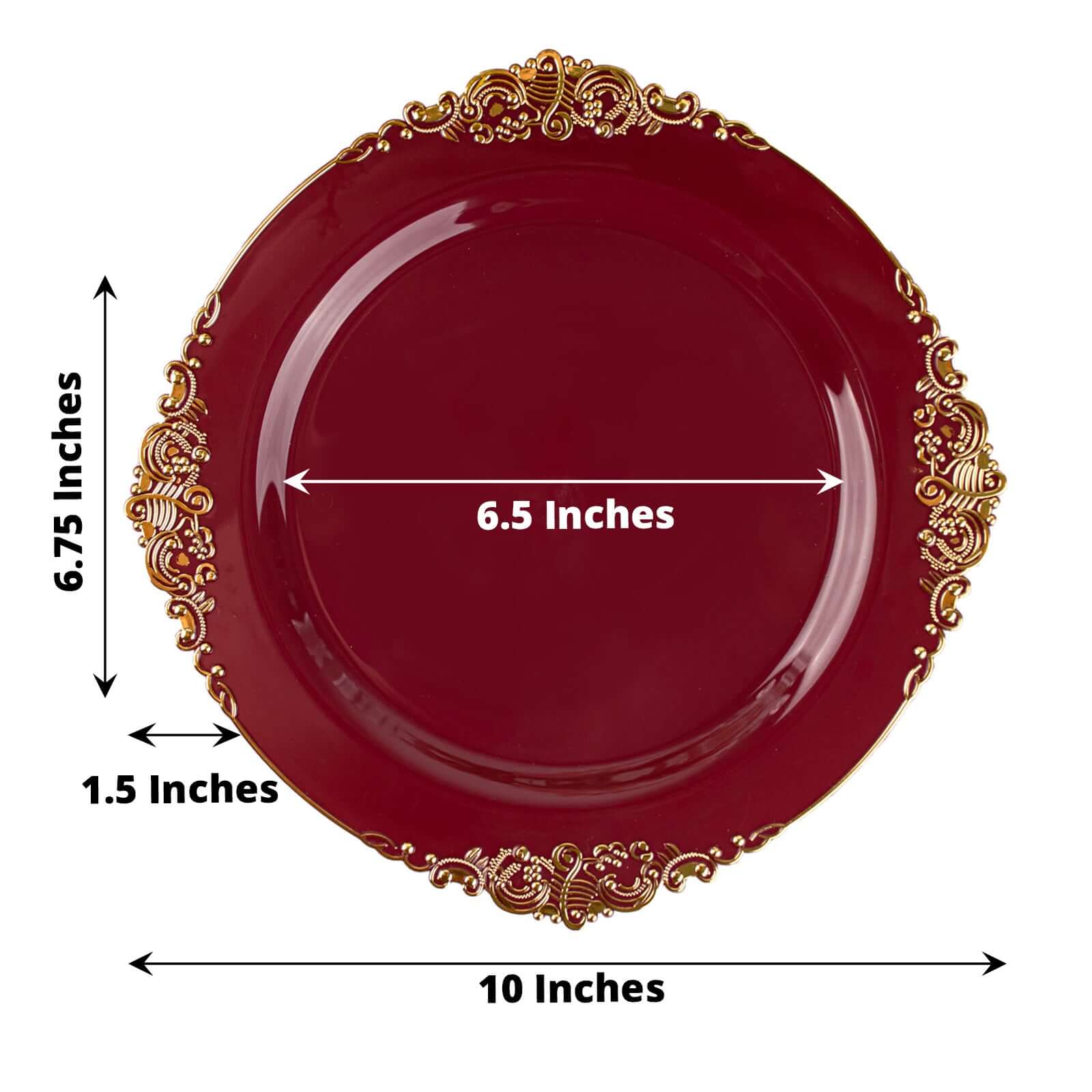Hot Deal! 10-Pack Disposable Burgundy Plastic Round Dinner Plates with Gold Leaf Embossed Rim, Vintage Baroque Style