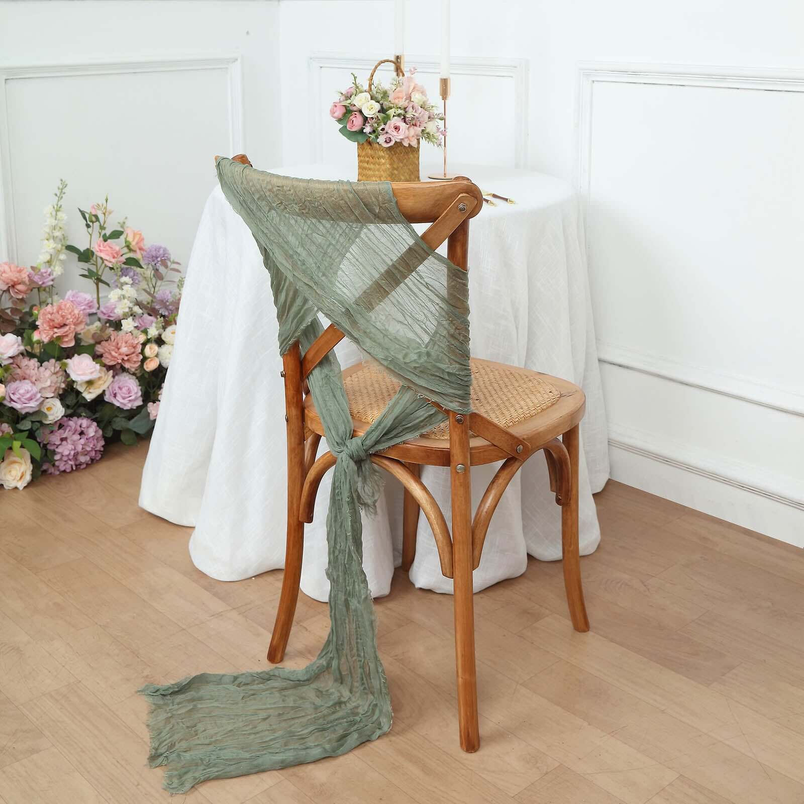 Set of 5 Dusty Sage Green Cheesecloth Chair Sashes, 16x88 Boho Decor