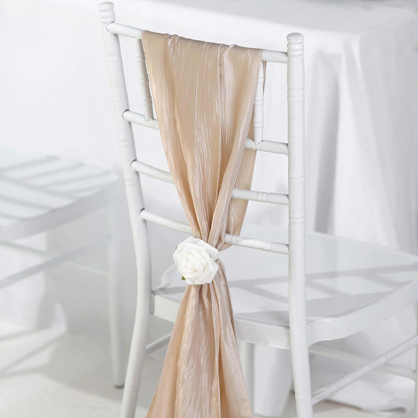 5-Piece Set of Beige Accordion Crinkle Taffeta Chair Sashes (6x106) - Ideal for Weddings and Gatherings