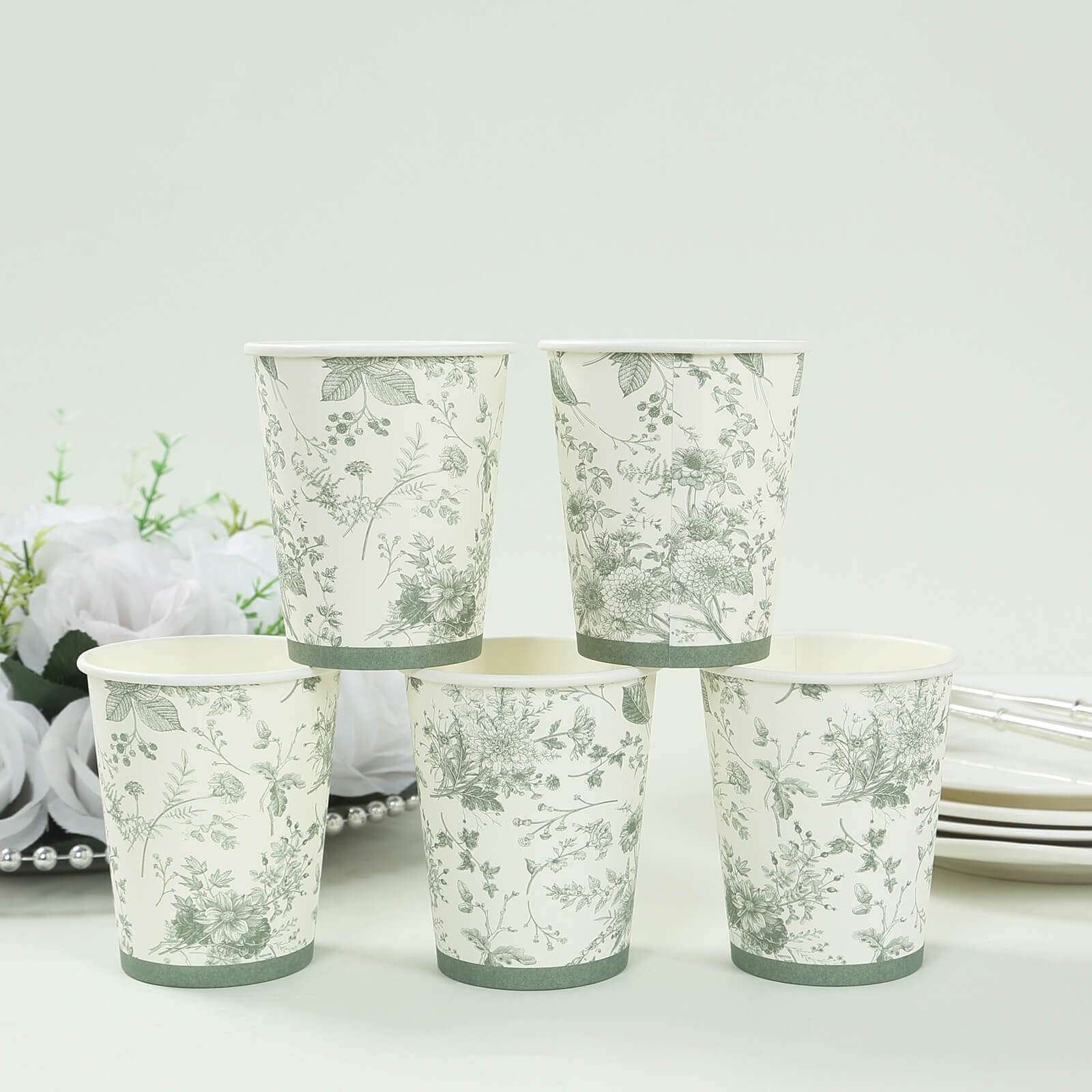 24-Piece 9oz Disposable Paper Party Cups in Elegant White & Sage Green French Toile Design