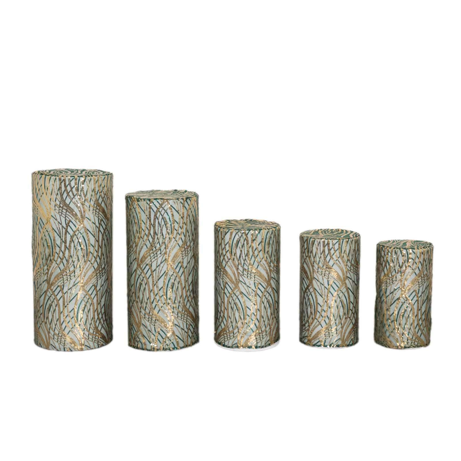 Hot Deal! Set of 5 Emerald Green Wave Sequin Mesh Cylinder Pedestal Stand Covers