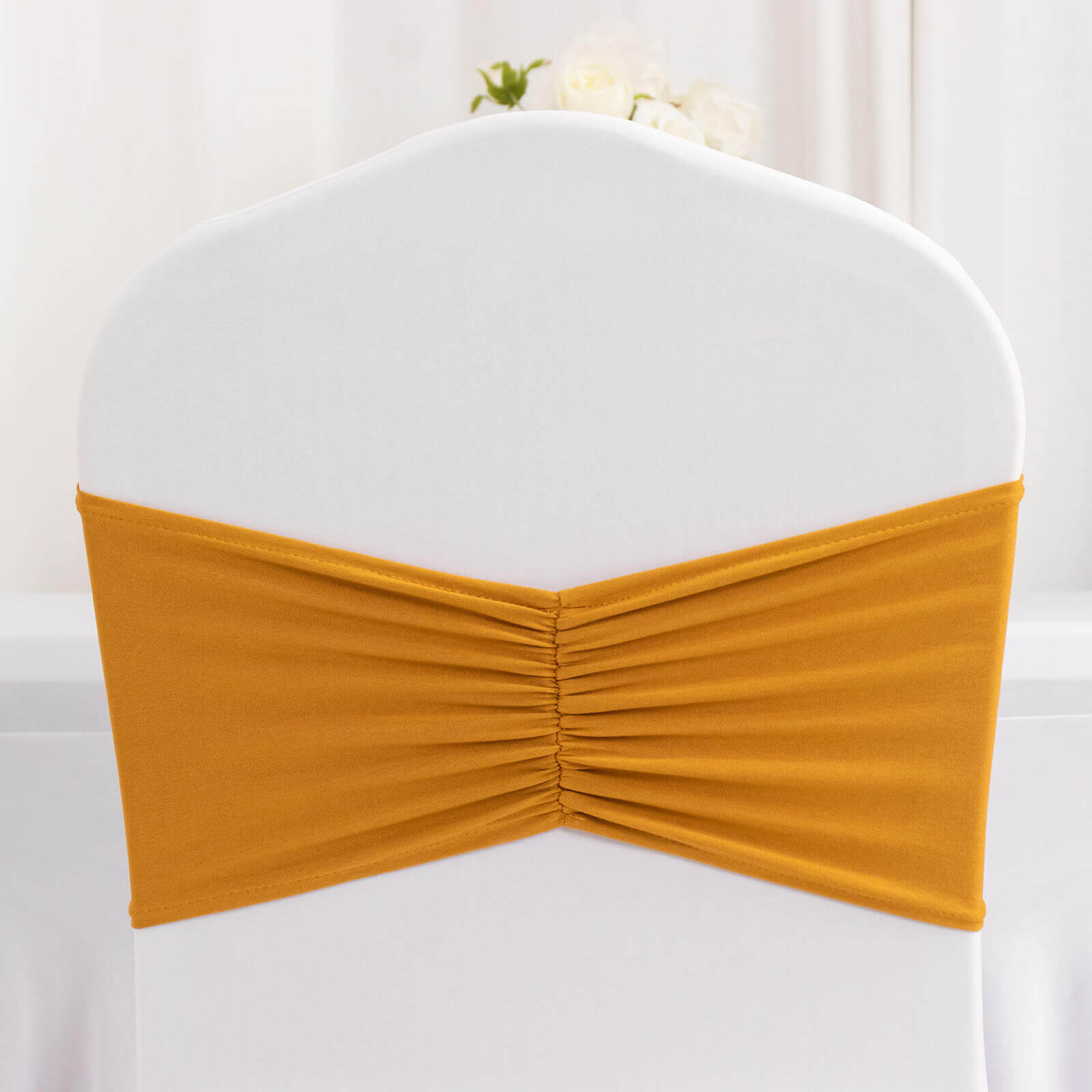 Special Offer! 5-Pack Gold Ruffled Spandex Chair Sashes - Wide Stretch Bands for Elegant Wedding and Event Decor