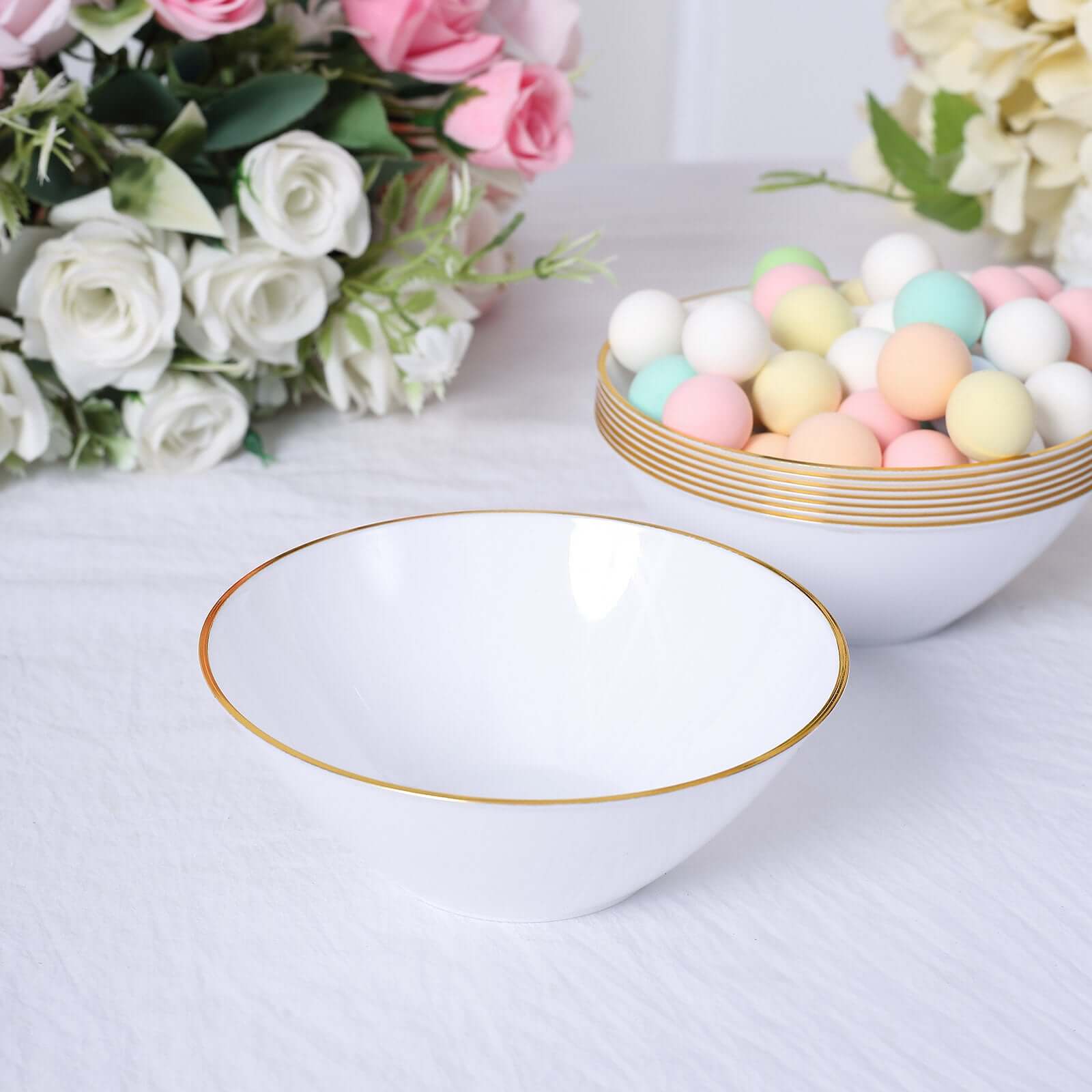24-Pack 7oz Premium Heavy Duty Plastic Ice Cream Bowls - Glossy White with Gold Rim, Ideal for Events