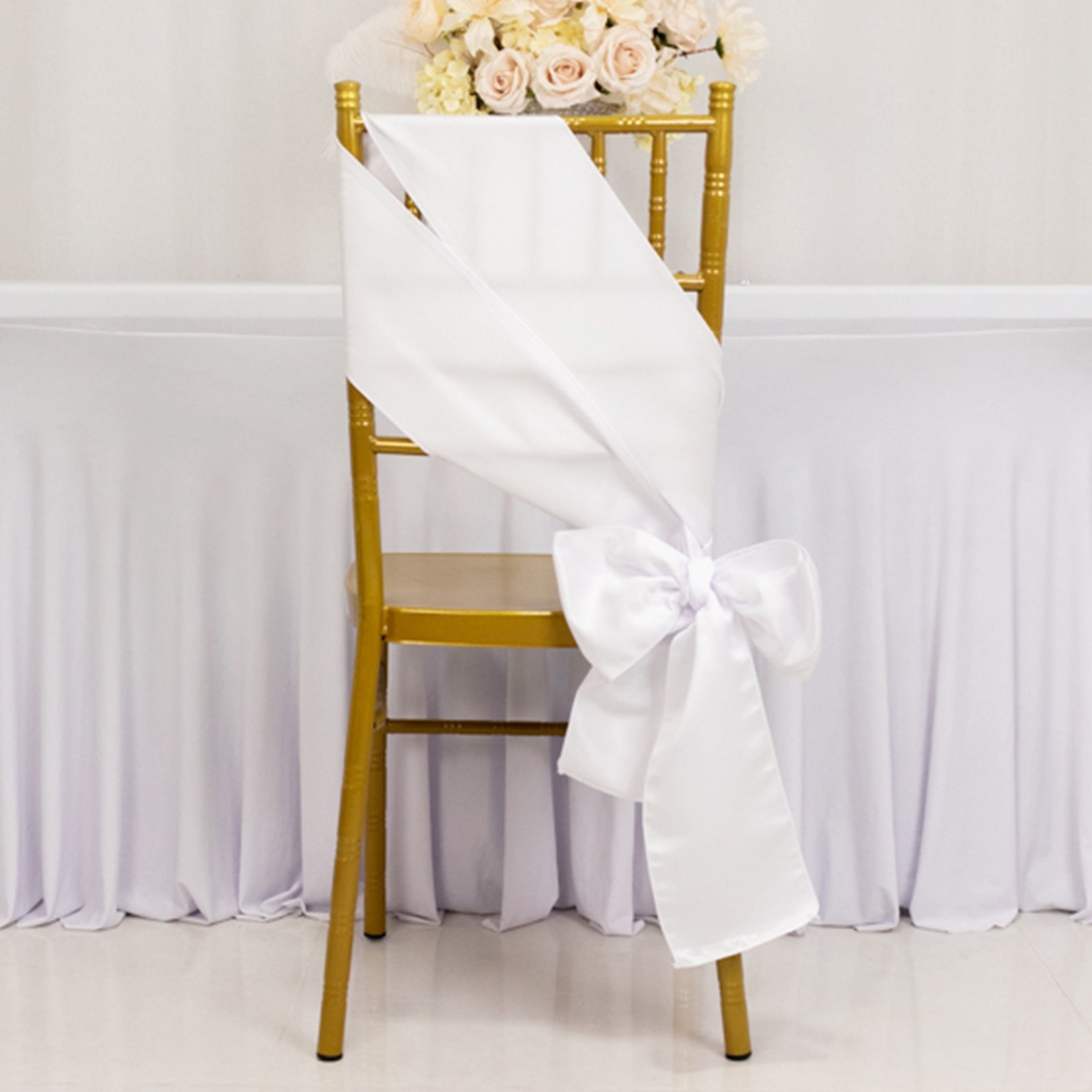 5-Pack White Lamour Satin Chair Sashes (6x106) - Stylish Reusable Decor for Weddings & Gatherings