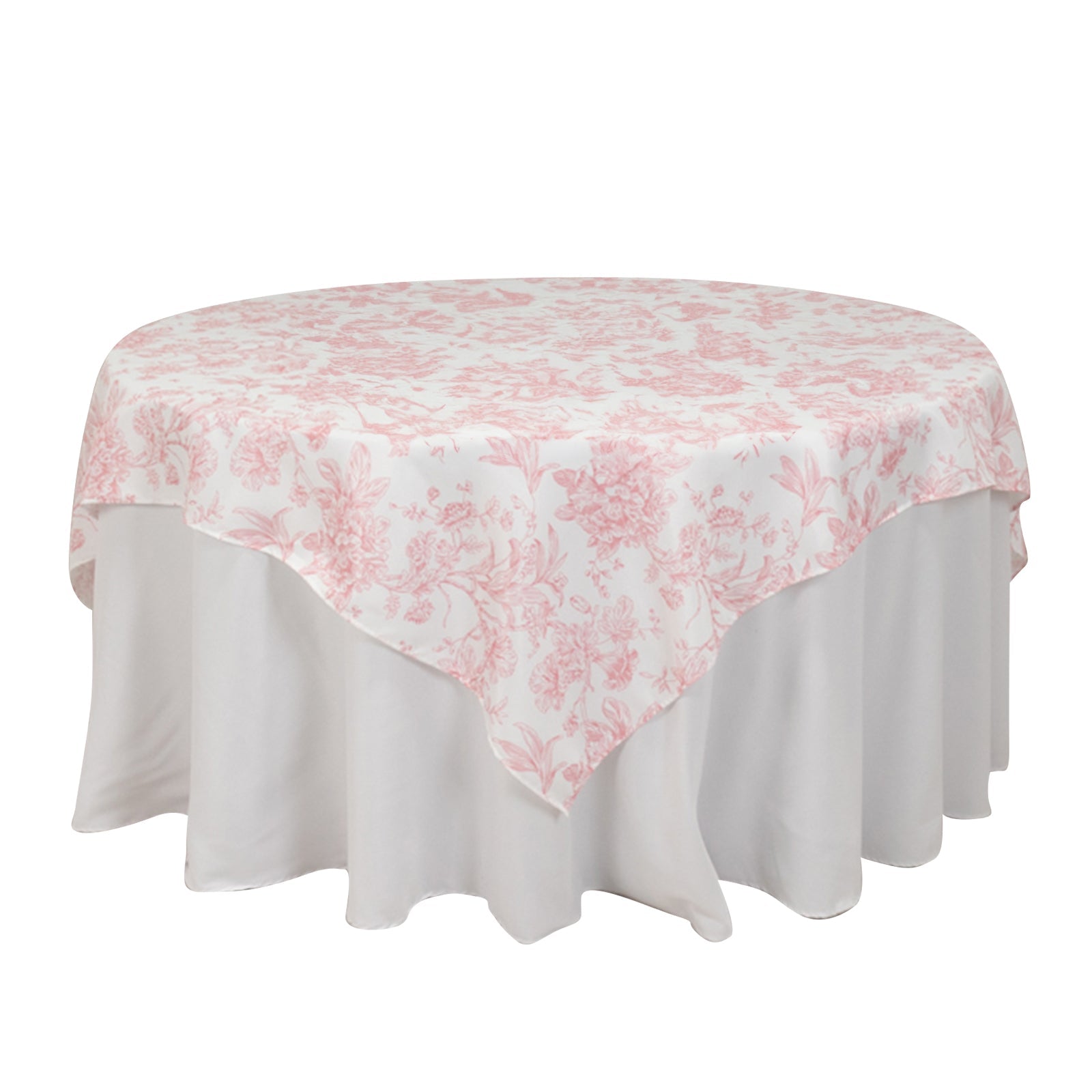 70x70 Polyester White - Pink French Toile Pattern Square Table Overlay for Elegant Gatherings