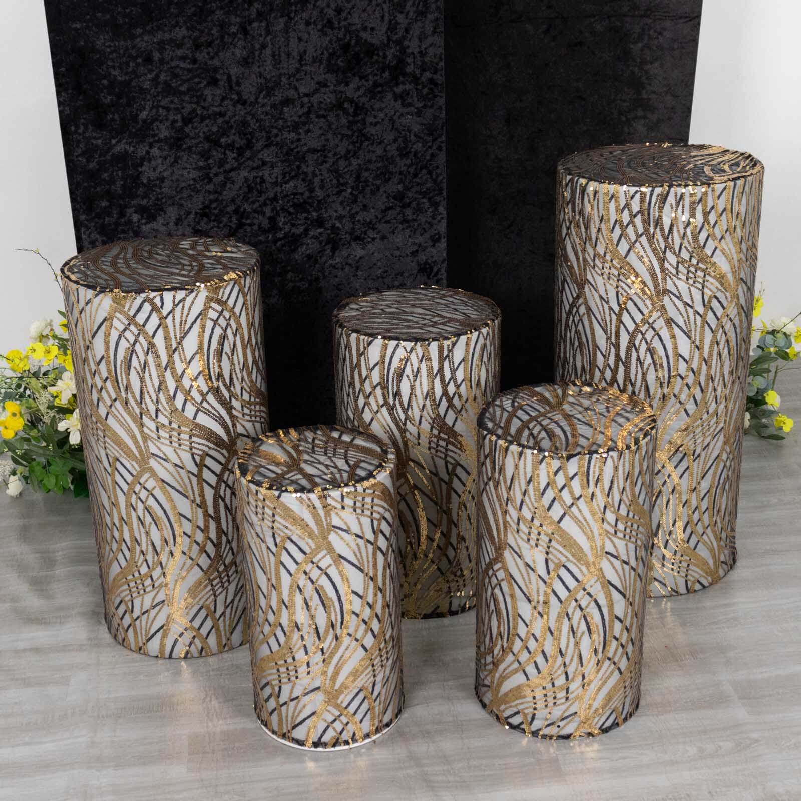 Hot! Set of 5 Embroidered Sequin Black Wave Mesh Cylinder Pedestal Stand Covers