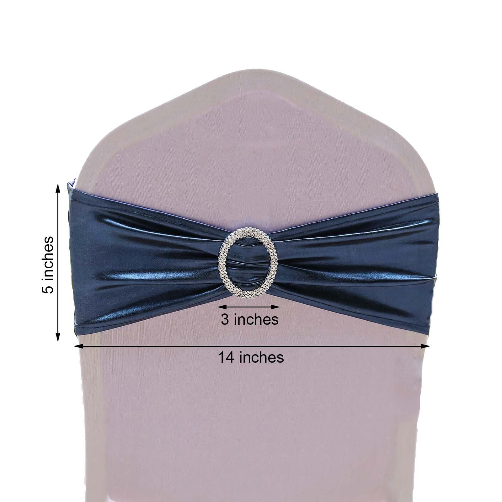 5-Pack Navy Blue Metallic Spandex Chair Sashes with Round Diamond Plastic Buckles - Ideal for Decor