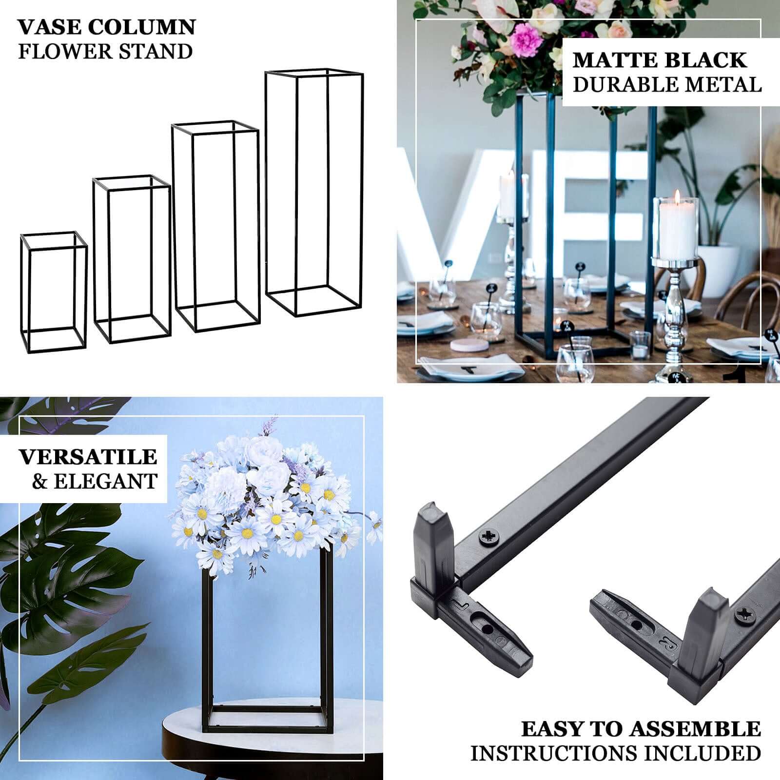 Hot Deal! Set of 4 Matte Black Metal Flower Stands for Wedding Centerpieces - Durable Display in 4 Sizes