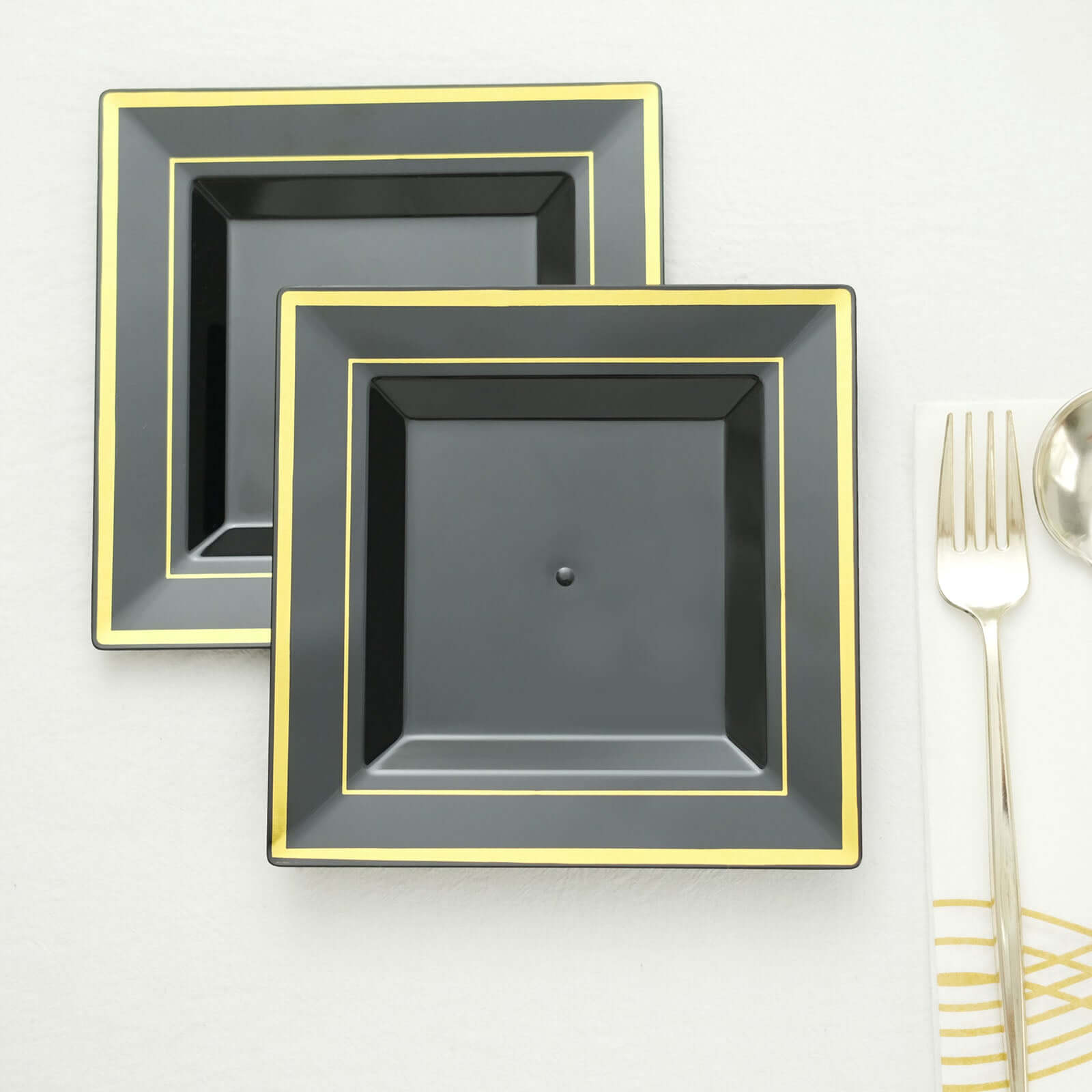 10-Piece Set of Durable Disposable Black Square Salad & Dessert Plates with Gold Trim, 7 Inches