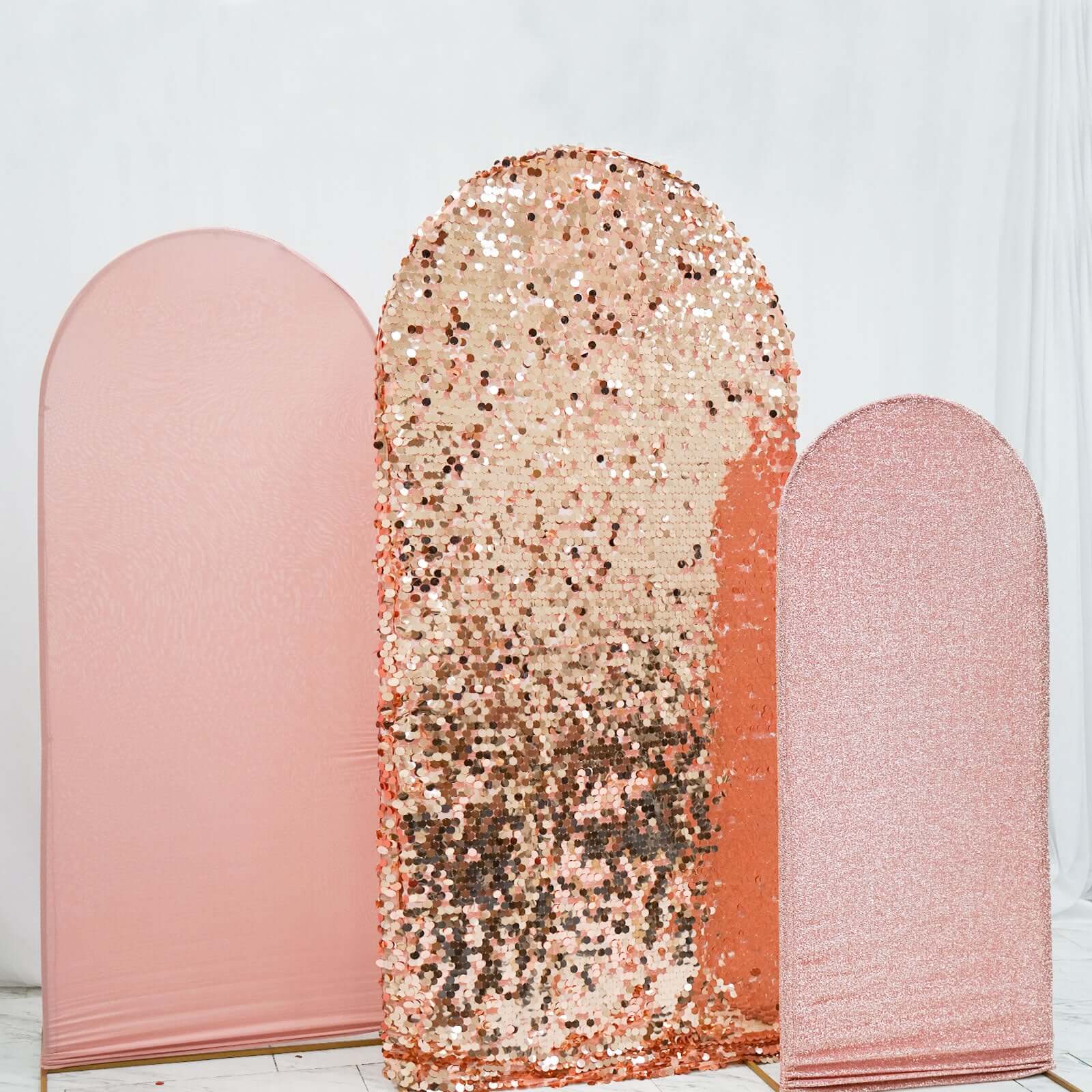 3-Piece Rose Gold Wedding Arch Frame Covers: Sequin, Tinsel & Spandex