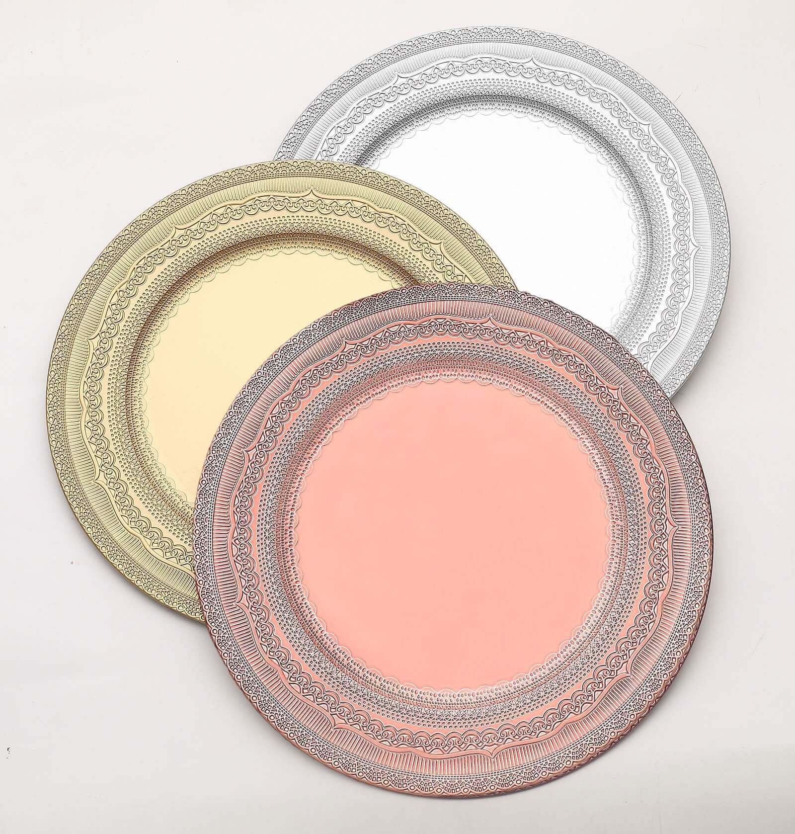 Hot Sale! 6-Pack 13-inch Rose Gold Acrylic Charger Plates with Lace-Embossed Rim for Table Decor