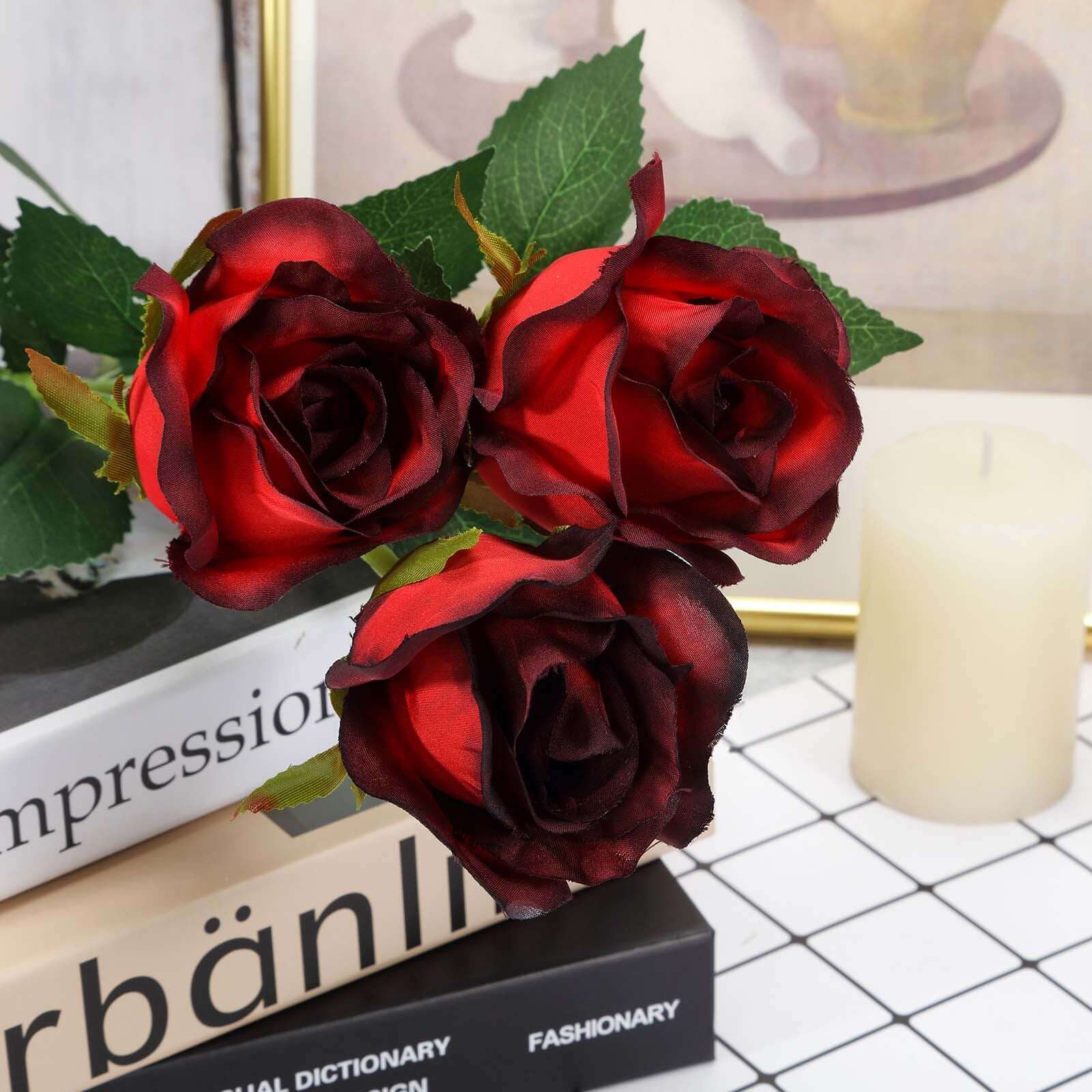 24Pcs Artificial Silk Roses with Red & Black Tips, 31