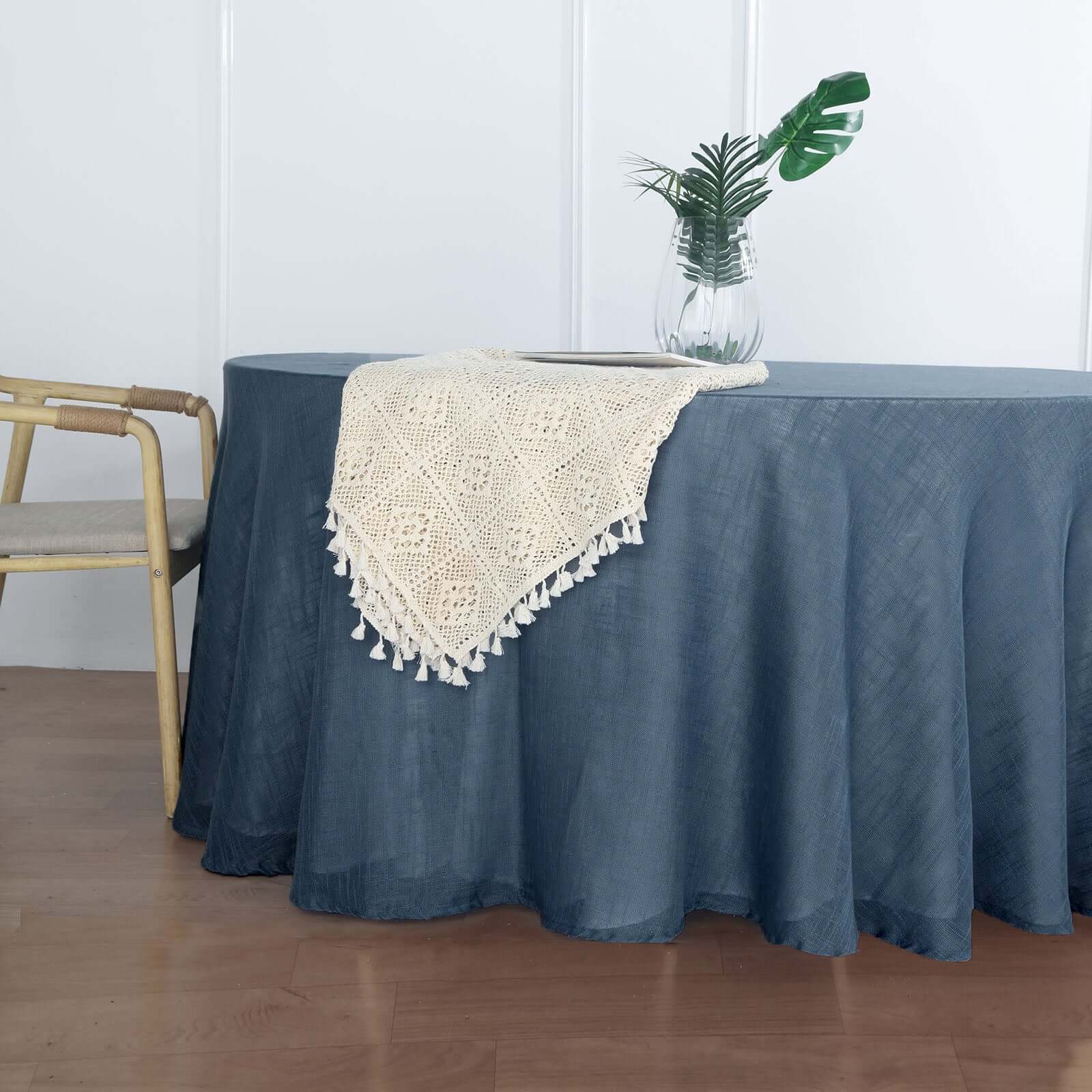 Premium Blue Faux Linen 120' Round Wrinkle-Resistant Tablecloth