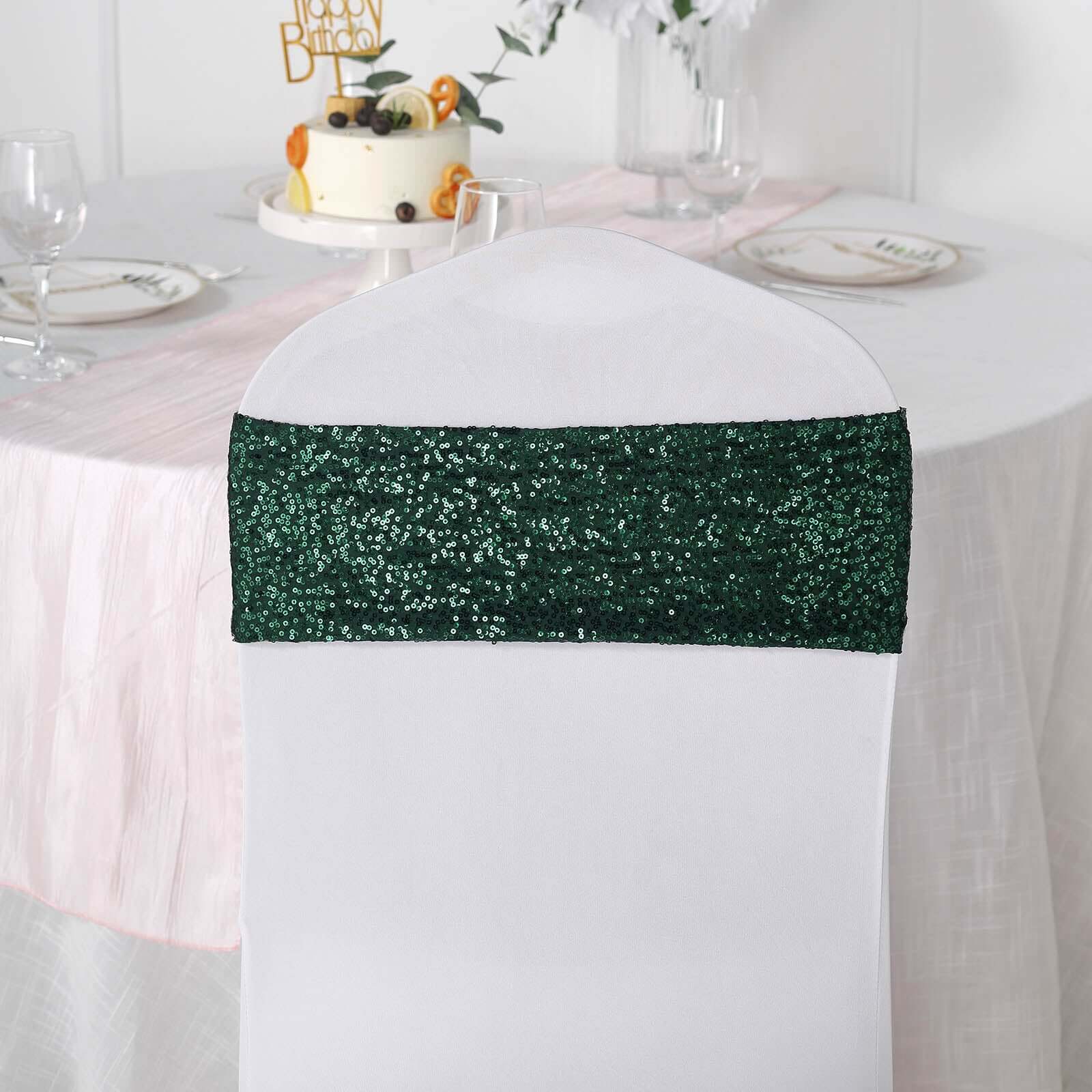Special Offer: 5-Piece Set of Hunter Emerald Green Sequin Spandex Stretch Chair Bands (6x15 Inches)