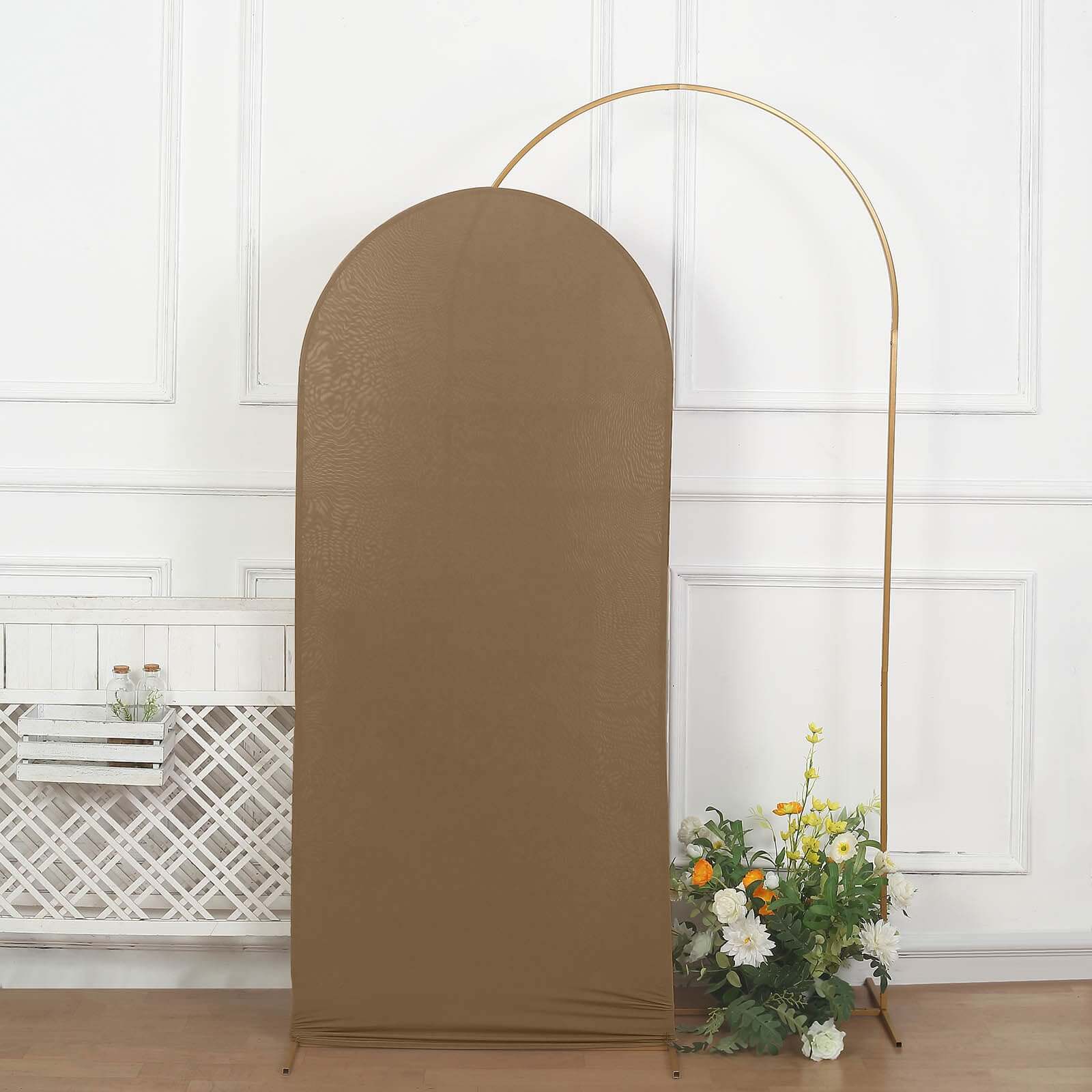 6ft Double-Sided Matte Taupe Spandex Fitted Cover for Round Top Wedding Arch Stand