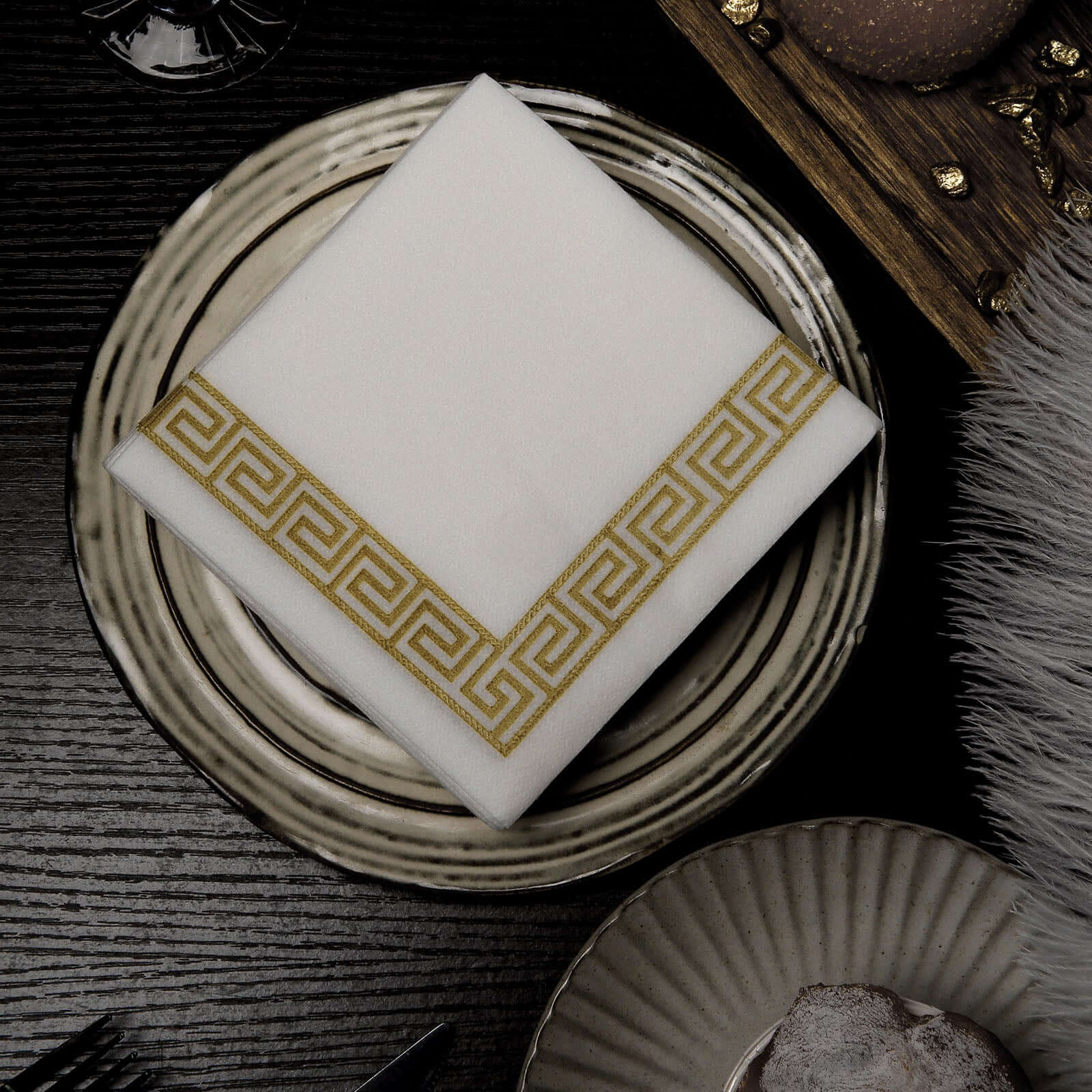 25-Piece Set of Hygienic Disposable Airlaid White Napkins with Gold Greek Key Design, 5x5 Size