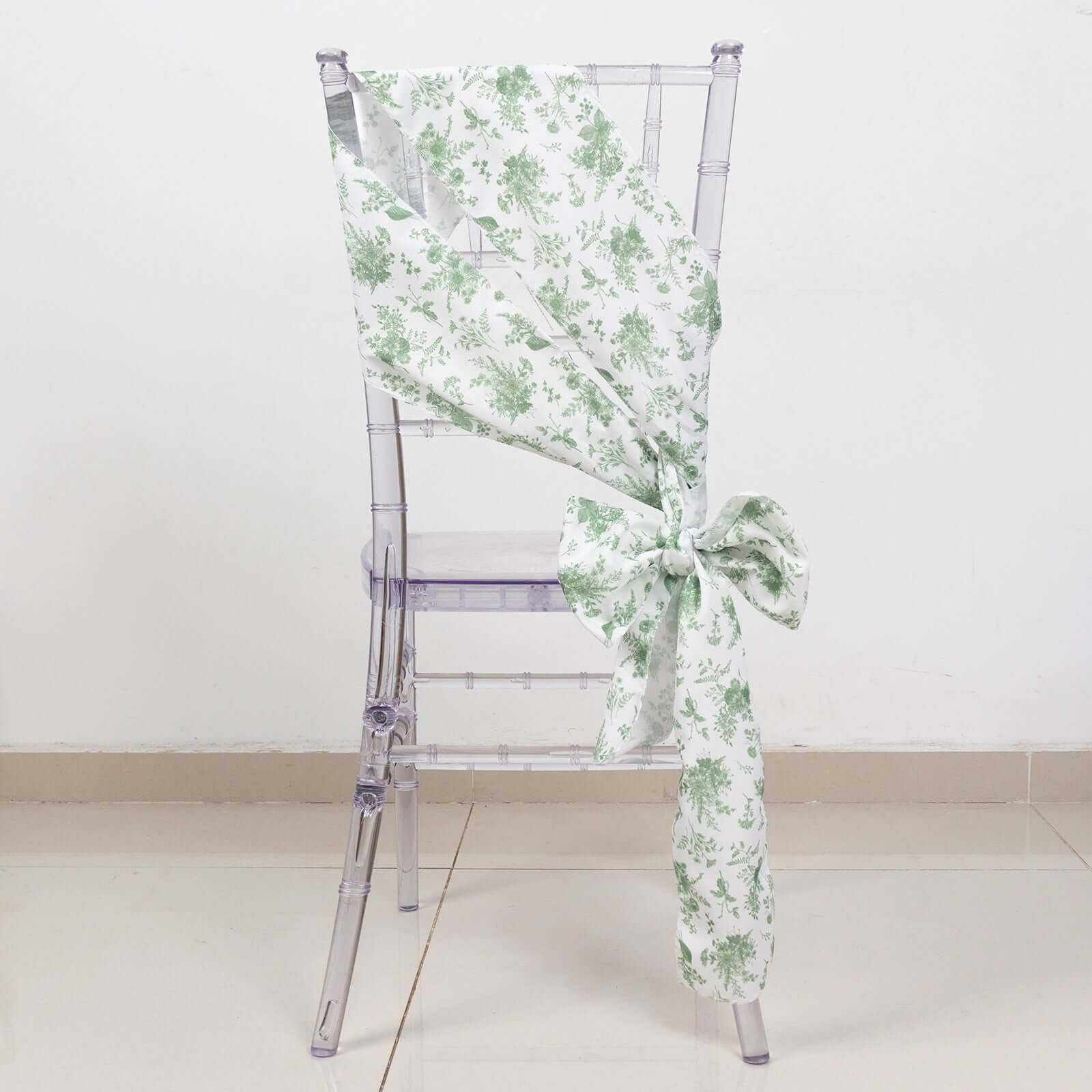 5-Pack French Toile Floral Polyester Chair Sashes in Dusty Sage Green - Stylish, Durable & Reusable