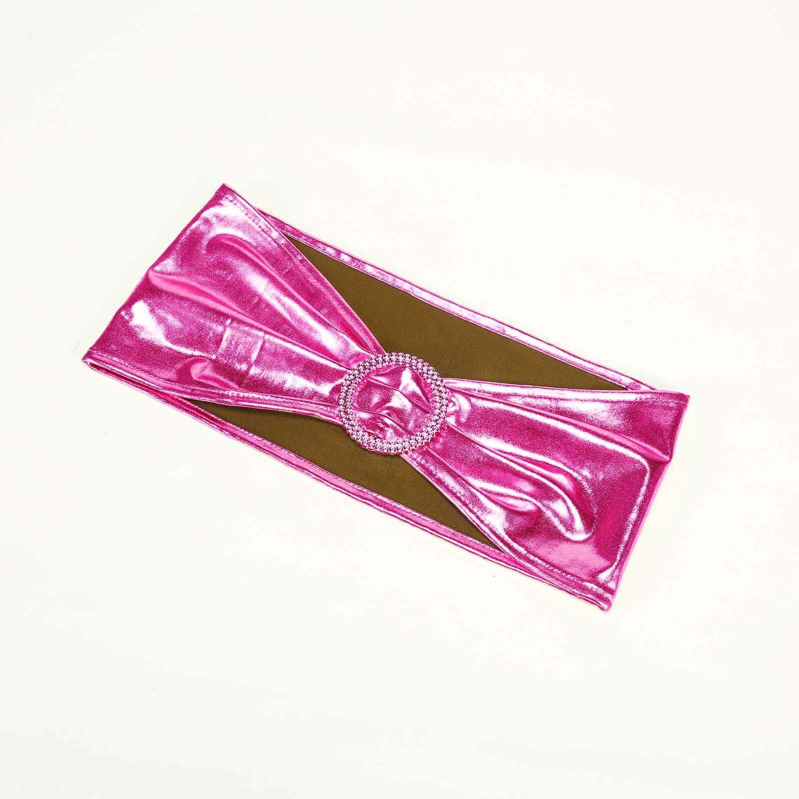 Hot Deal! 5-Piece Set of Fuchsia Metallic Spandex Chair Sashes with Round Diamond Plastic Buckles