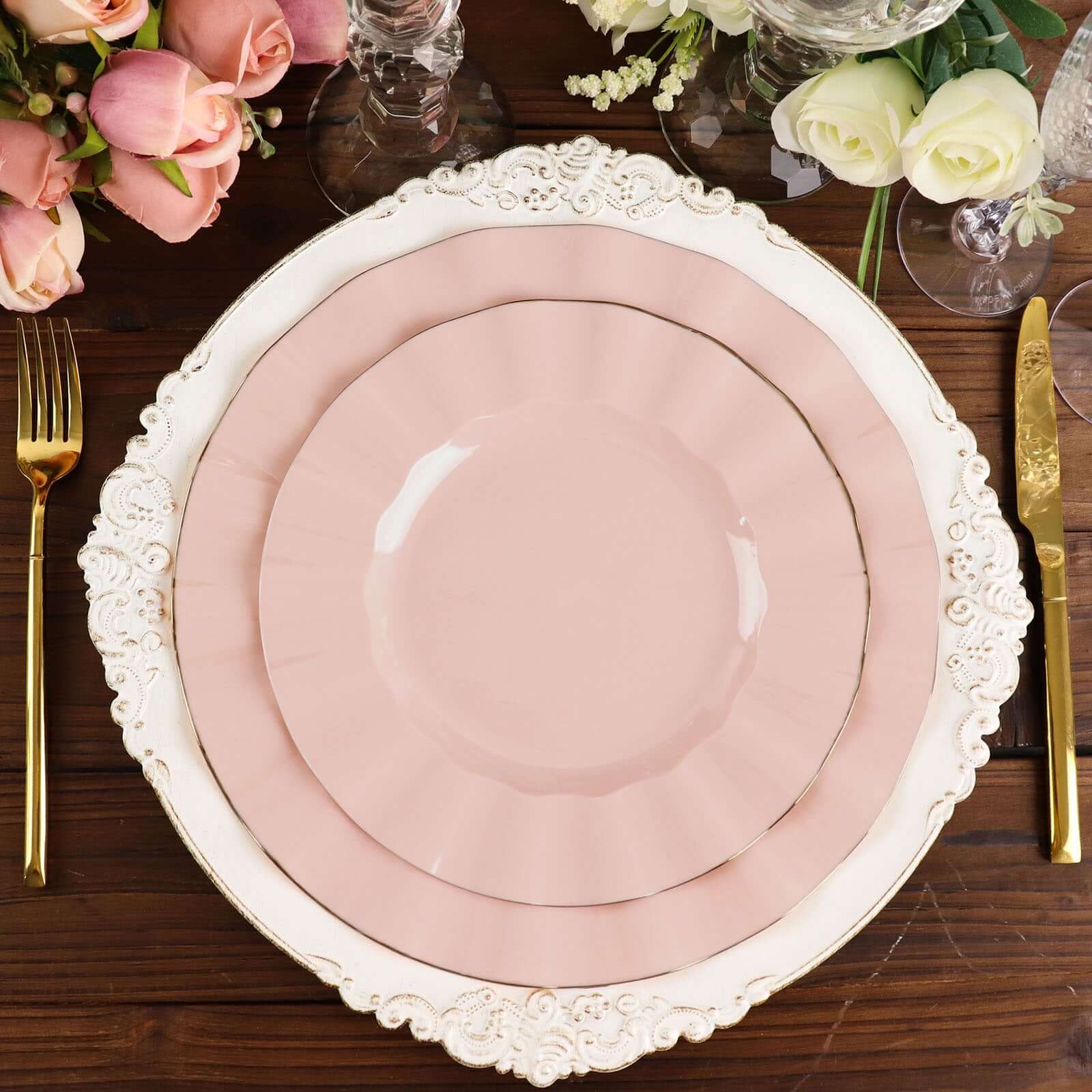 10-Pack Blush Plastic Round Dinner Plates with Gold Edging - Ideal Disposable Dinnerware