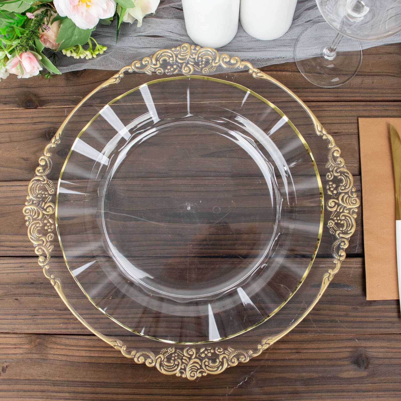 10-Pack Clear Plastic Round Dinner Plates with Gold Edging - Sturdy Disposable Delight