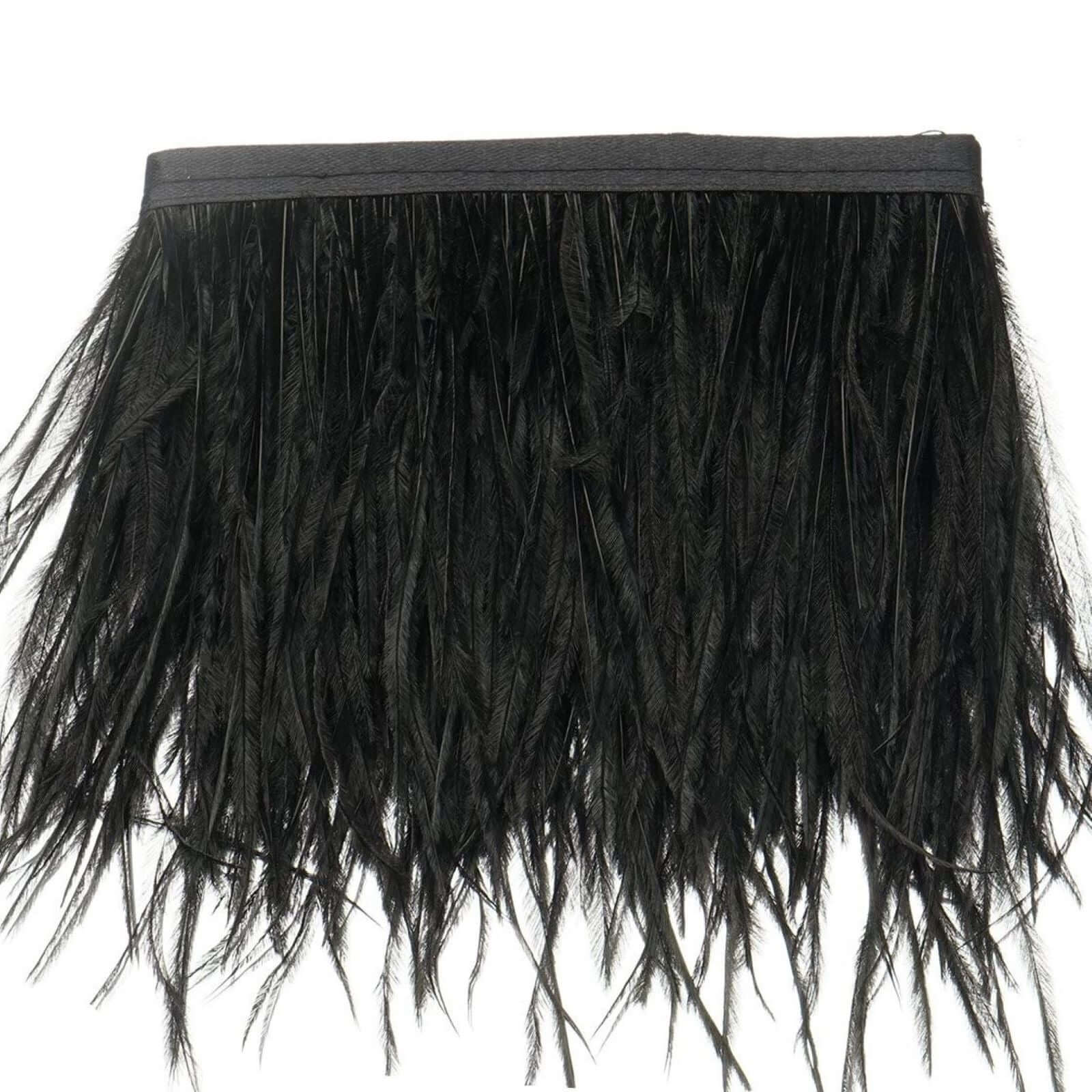 39" Black Real Ostrich Feather Fringe Trim with Satin Ribbon - Ideal for Decor