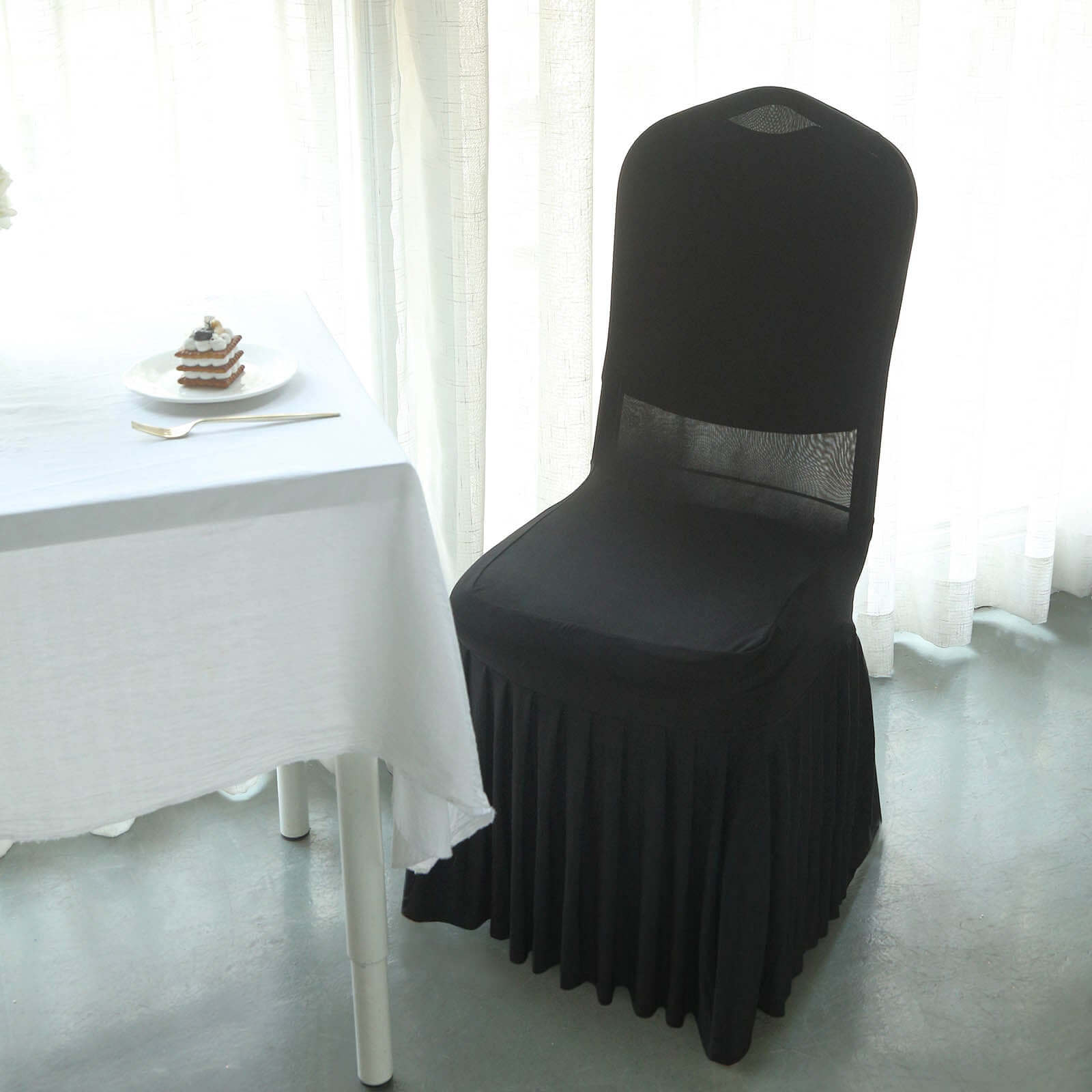 Black Spandex Stretch Fitted Slipcover with Ruffle Pleated Skirt for Banquet Chairs - 1 Piece