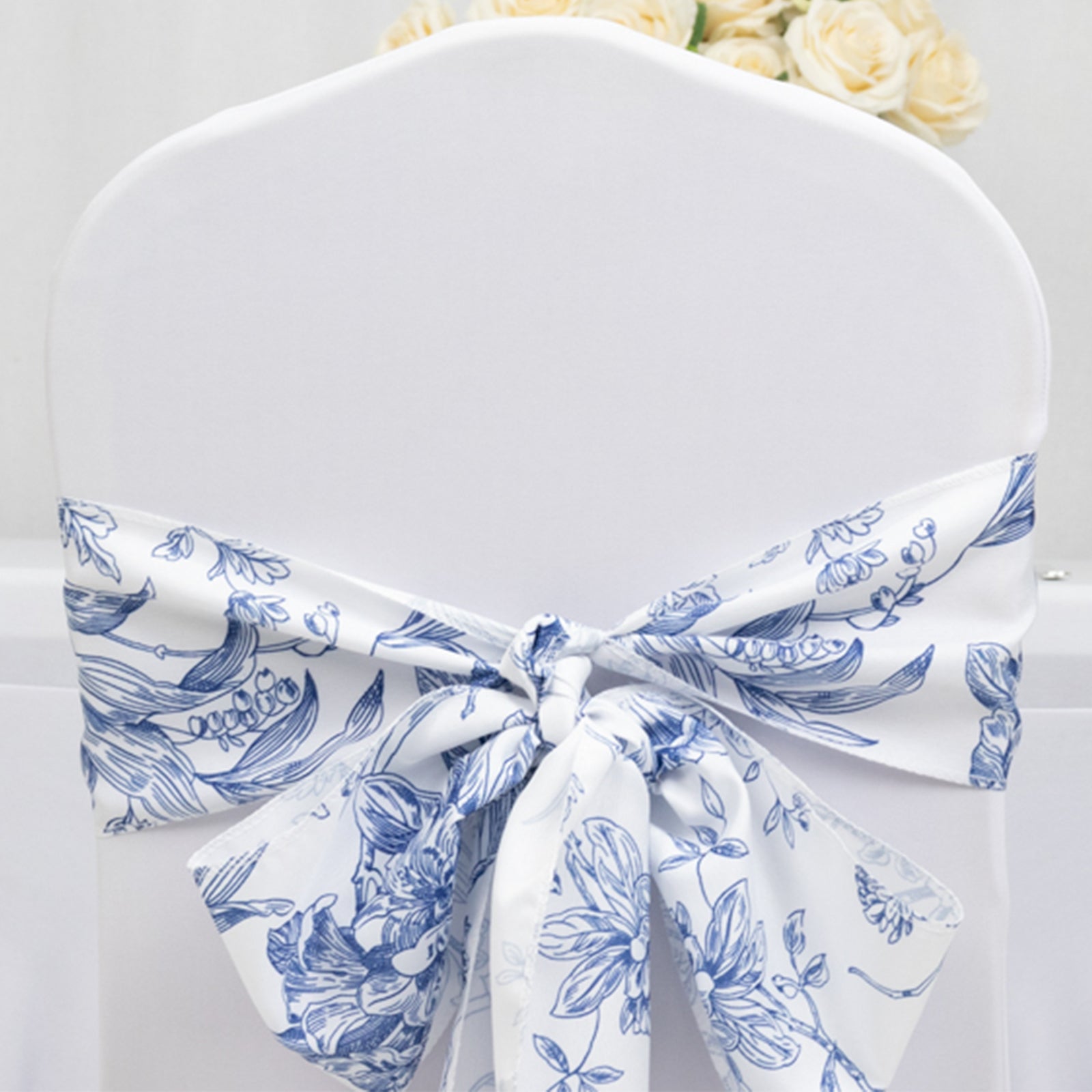 Wrinkle-Resistant Polyester Chair Sashes in White/Blue French Toile Floral Design for Weddings & Banquets