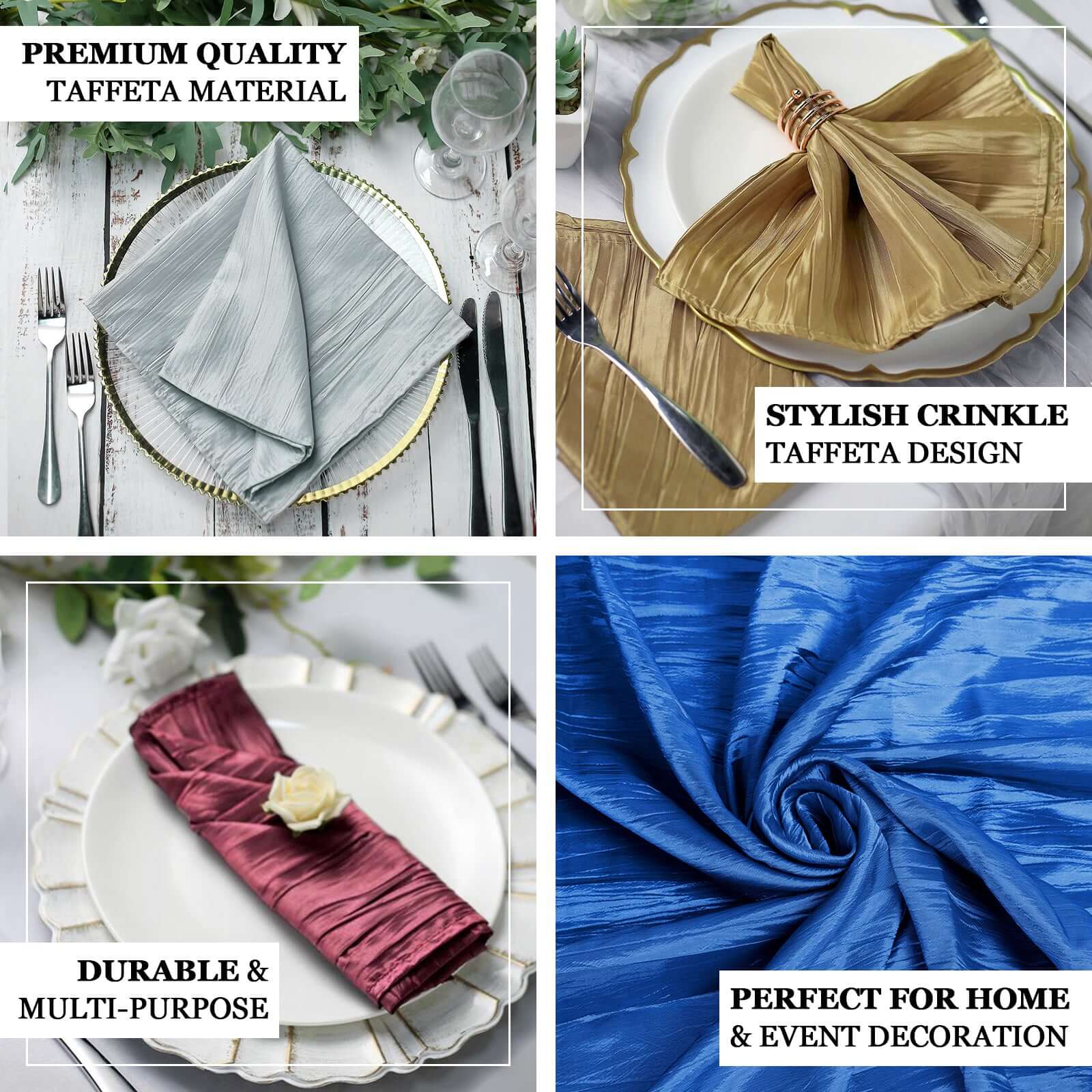 Set of 5 White 20x20 Taffeta Accordion Crinkle Style Dinner Napkins for Elegant Dining