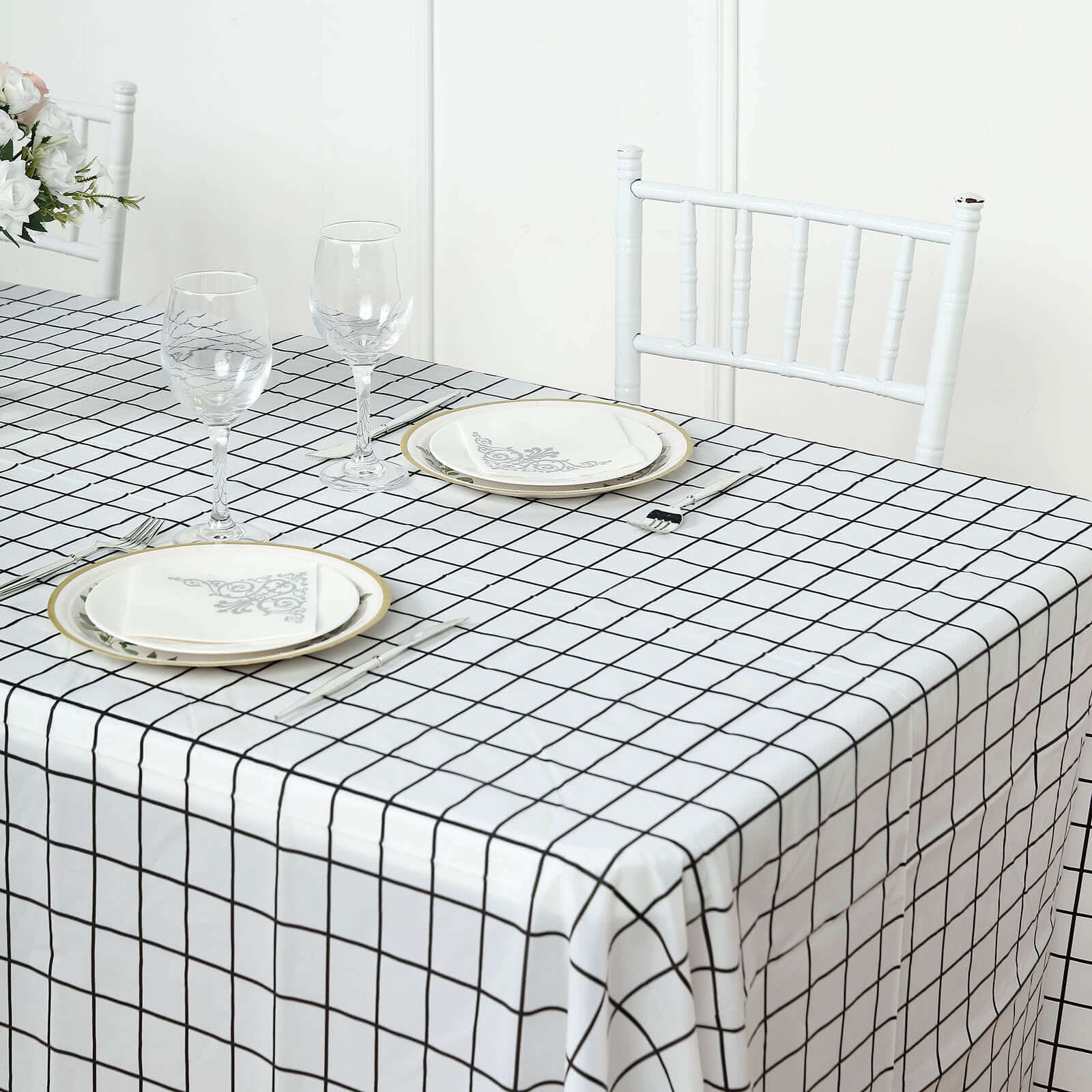 5-Pack Durable Black/White Grid PVC Disposable Plastic Table Covers 54x108 - Perfect for Events