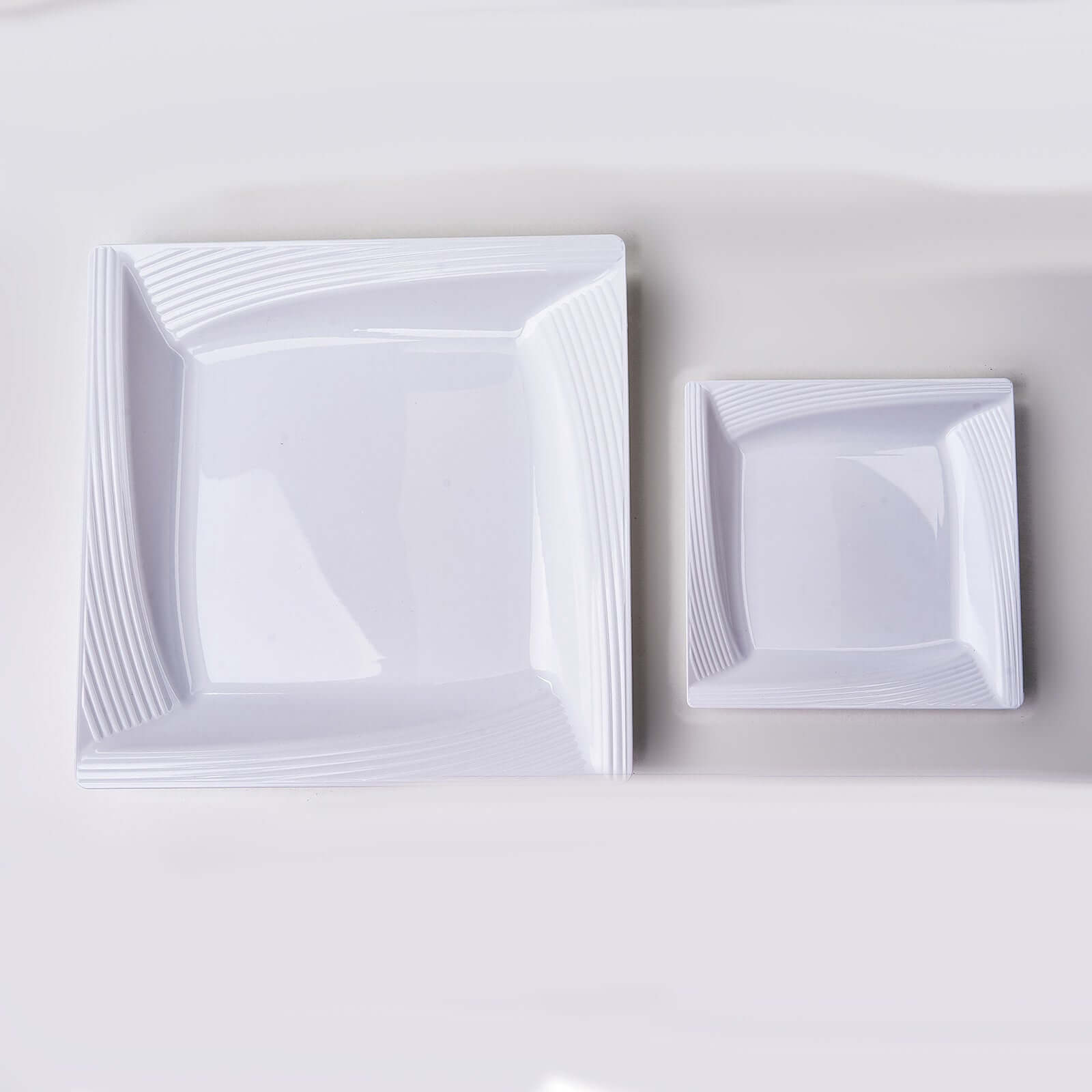 10-Pack White Disposable Plastic Square Dessert and Salad Plates with Geometric Ridge Trim for Stylish Events