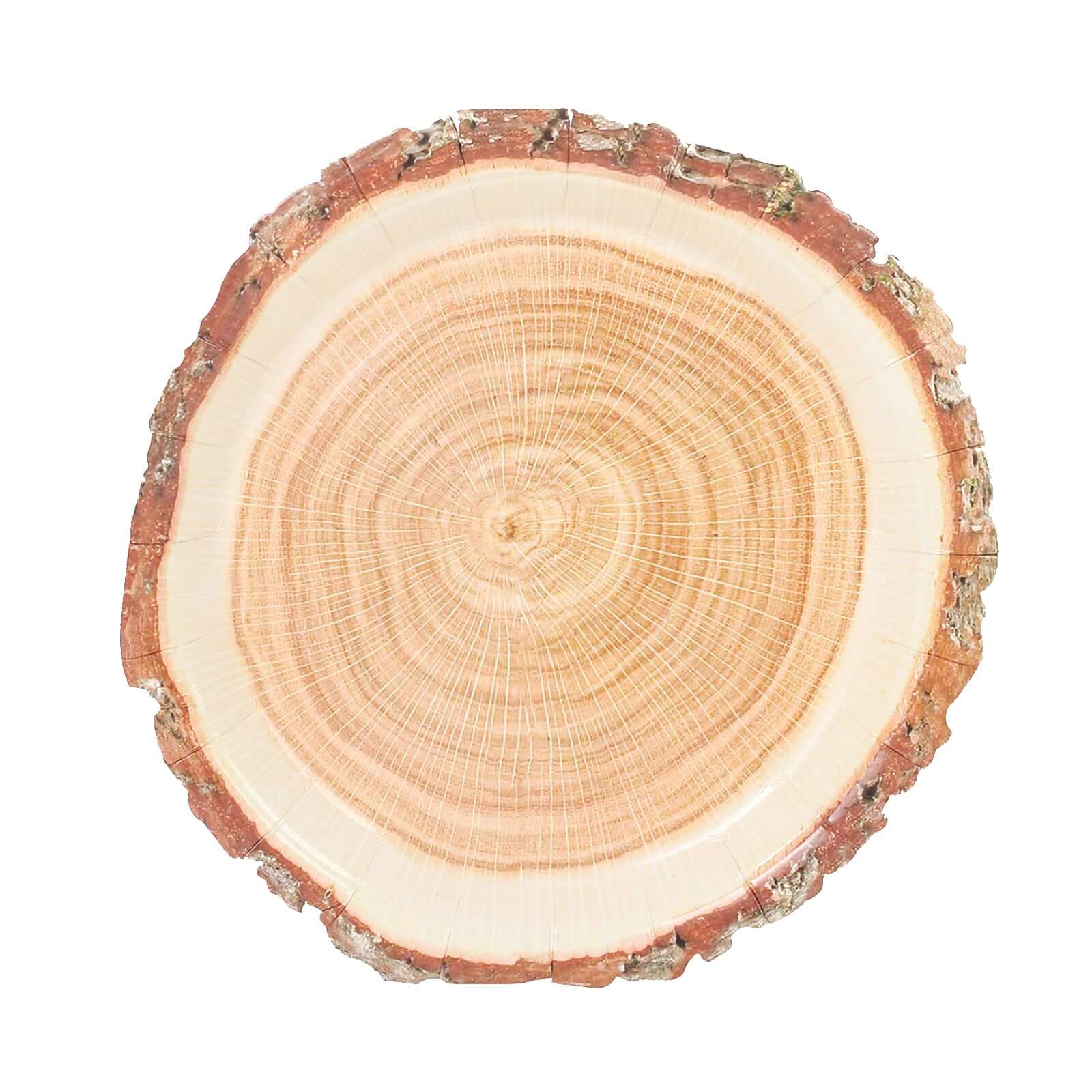 Get 25-Piece Set of Disposable Round Dinner Paper Plates with Rustic Natural Wood Slice Print